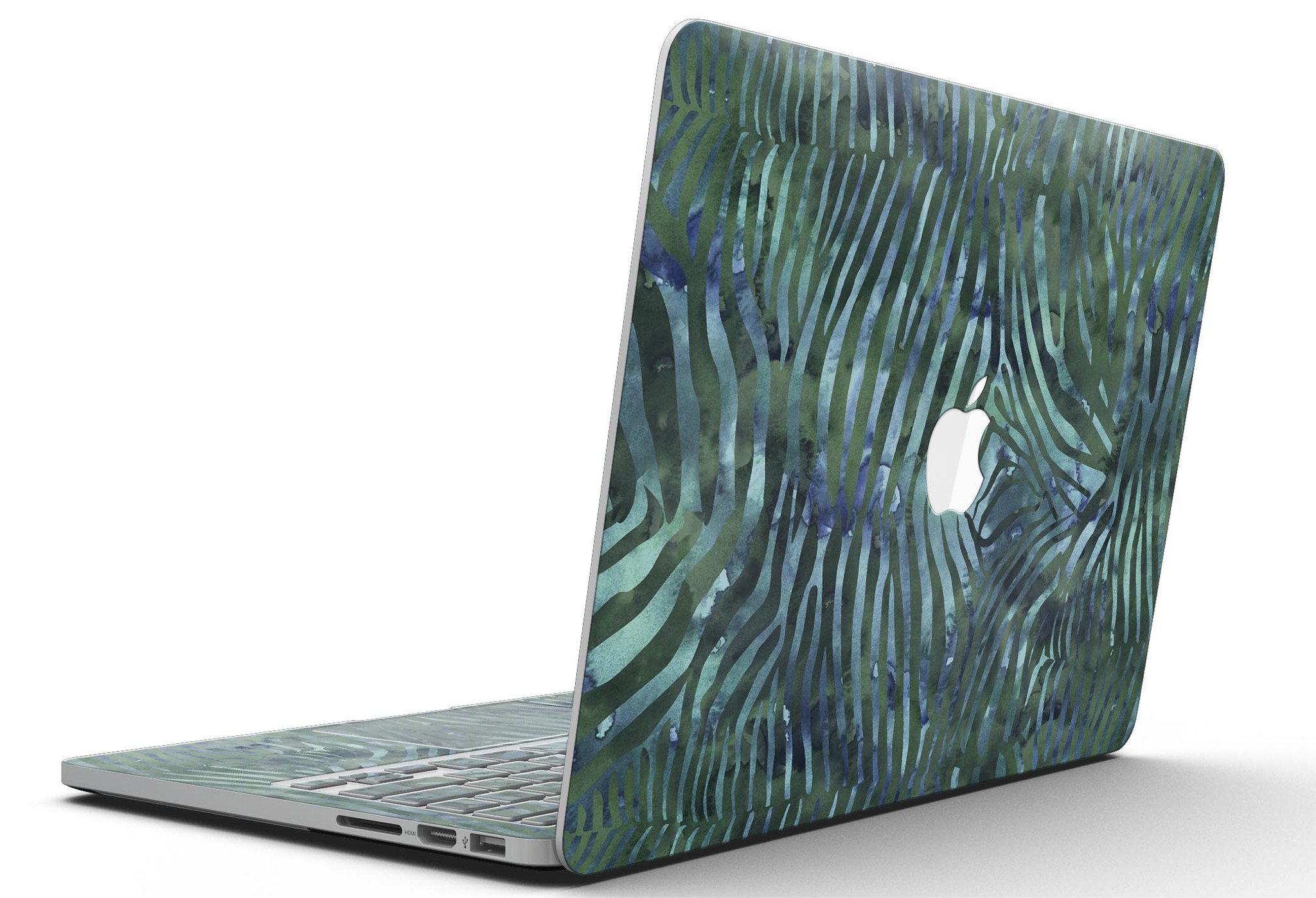 Deep Green and Blue Watercolor Zebra Pattern skin for MacBook Pro with Retina Display, showcasing vibrant colors and unique design.