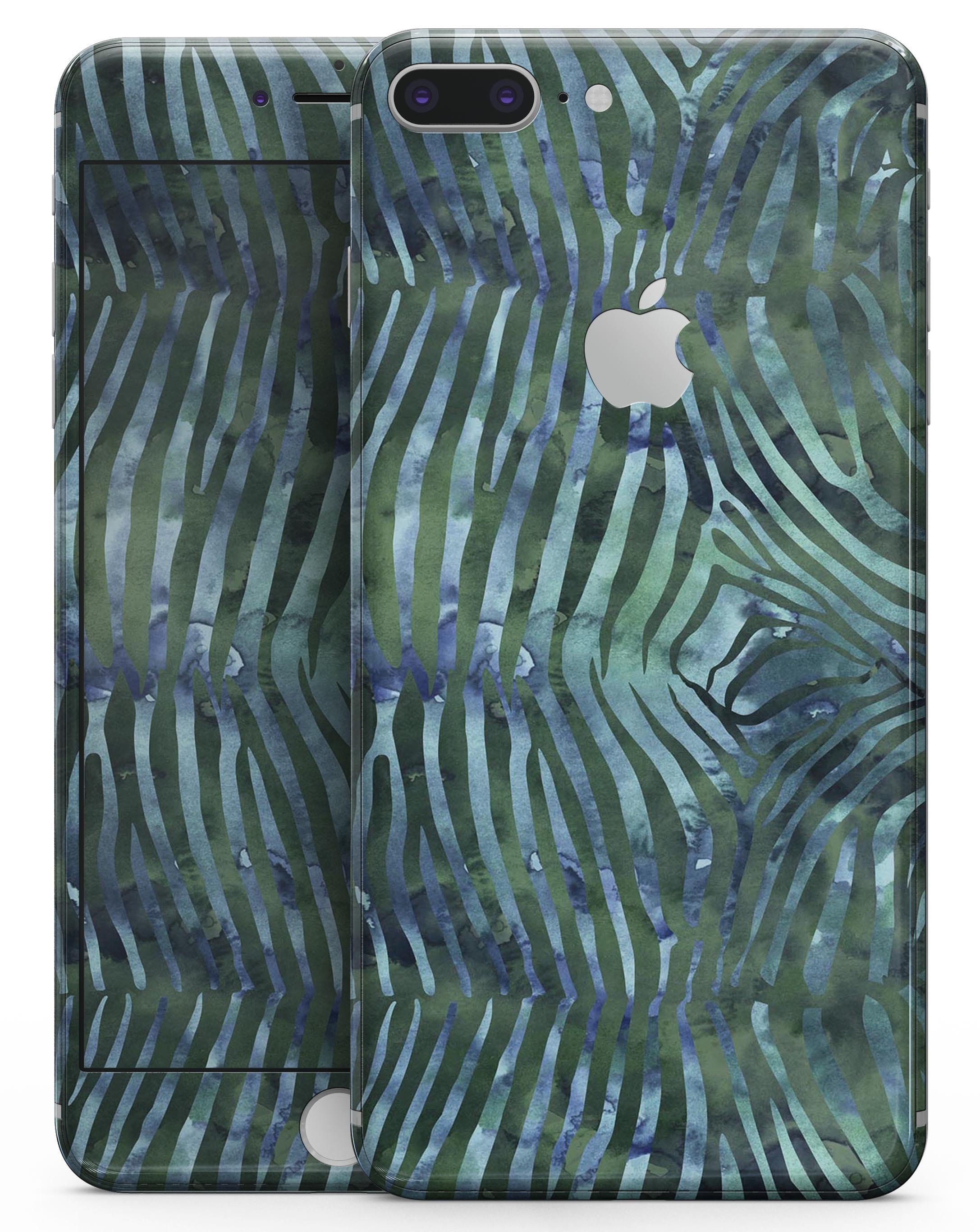 Deep Green and Blue Watercolor Zebra Pattern skin for iPhone 8 and 8 Plus, showcasing vibrant colors and unique design.