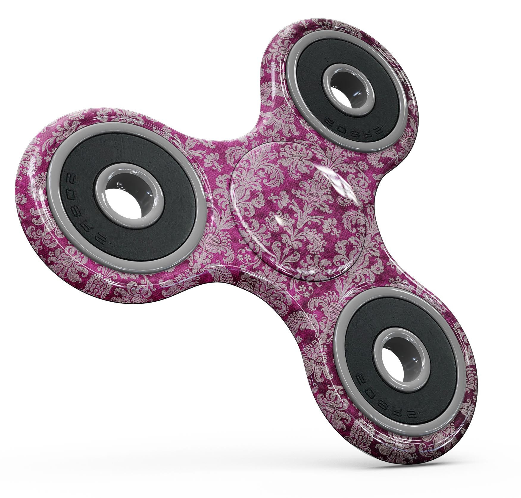 Deep Magenta Damask Pattern Skin-Kit for fidget spinner, showcasing vibrant colors and intricate design.