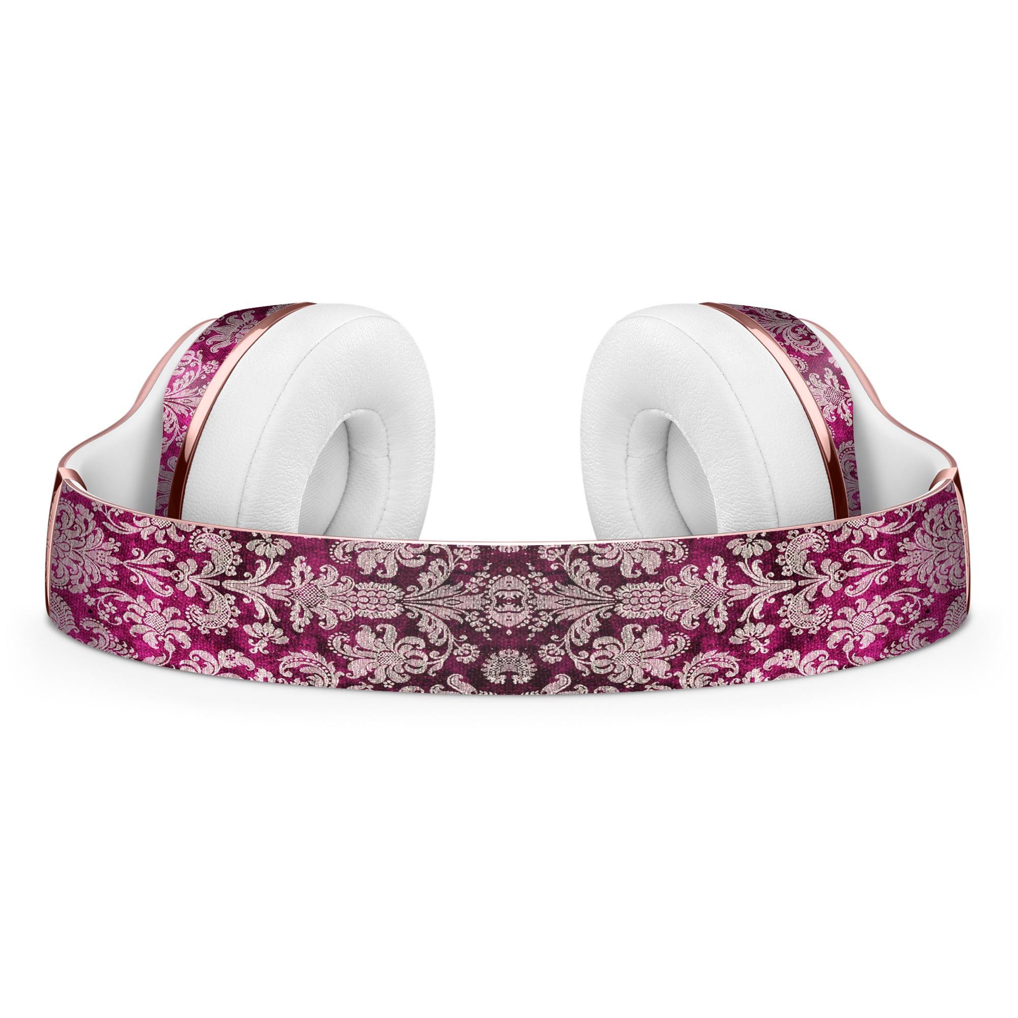 Deep Magenta Damask Pattern Skin Kit for Beats by Dre Solo 3 Wireless Headphones, showcasing vibrant design and premium vinyl material.