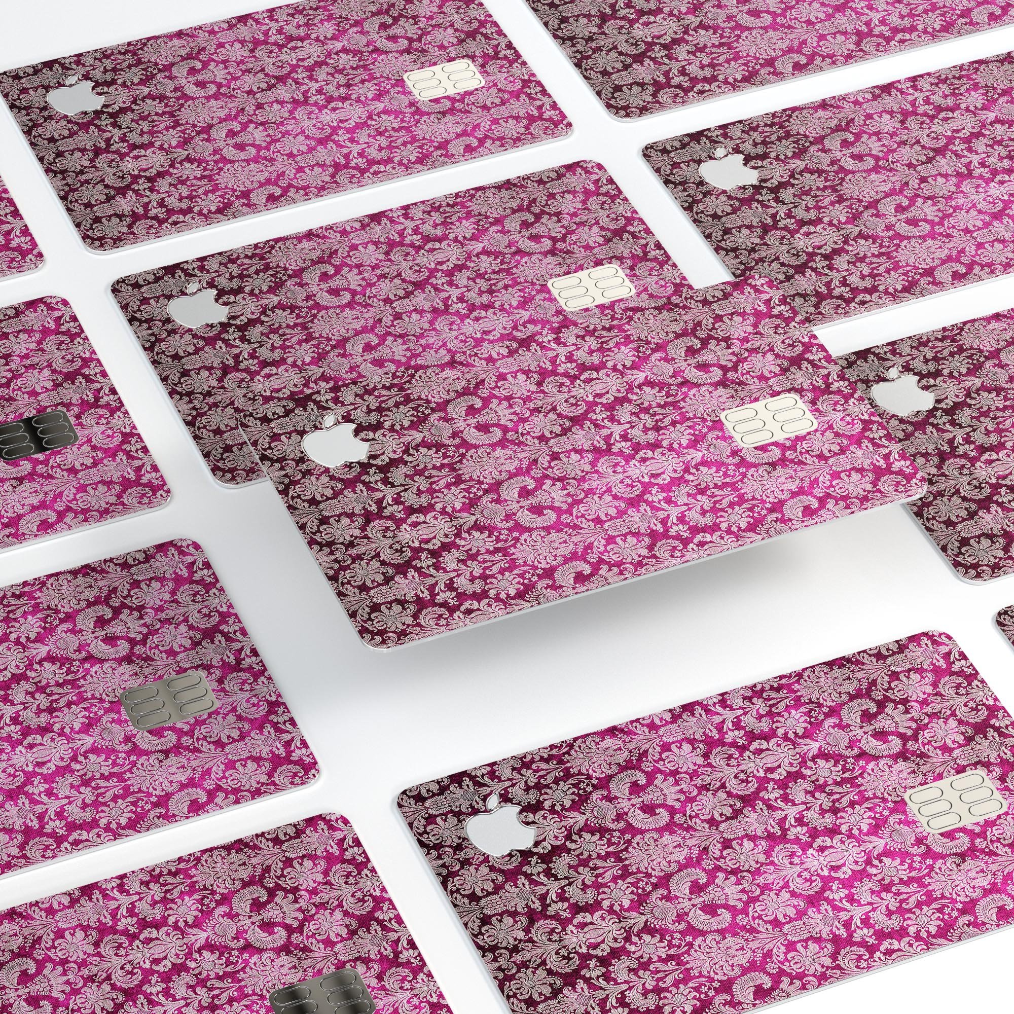 Deep Magenta Damask Pattern skin for Apple Card, showcasing intricate design and premium vinyl material.