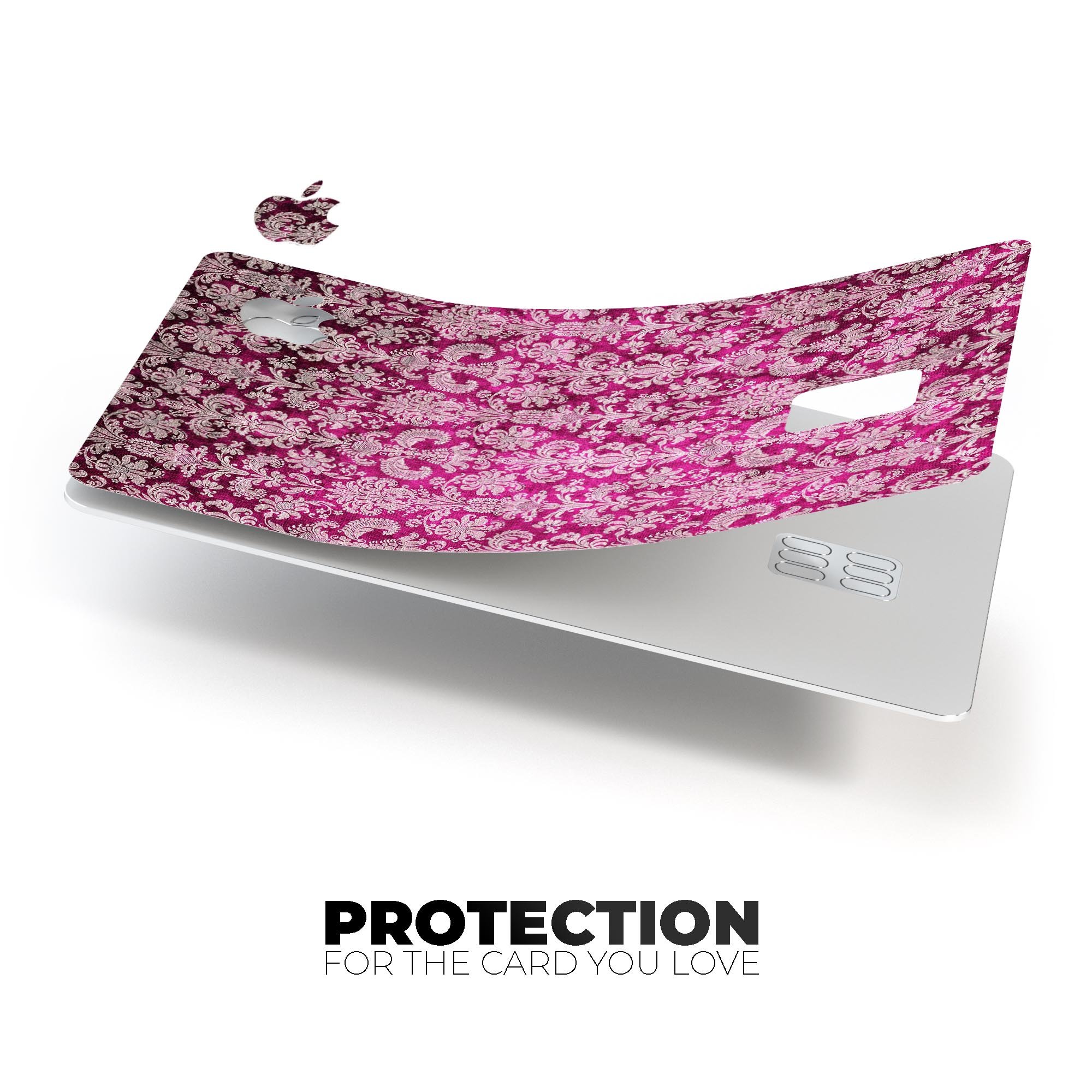 Deep Magenta Damask Pattern skin for Apple Card, showcasing intricate design and premium vinyl material.