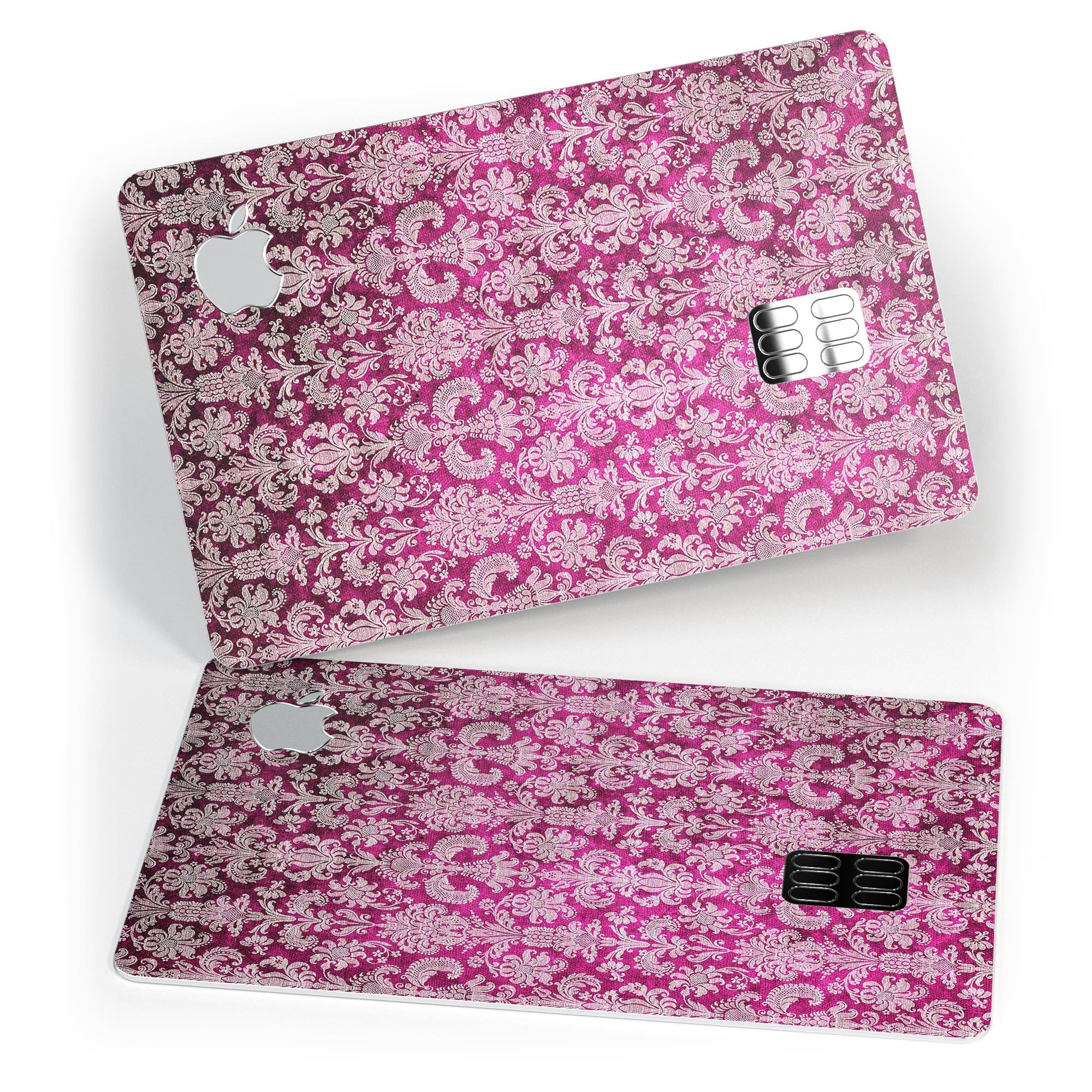 Deep Magenta Damask Pattern skin for Apple Card, showcasing intricate design and premium vinyl material.