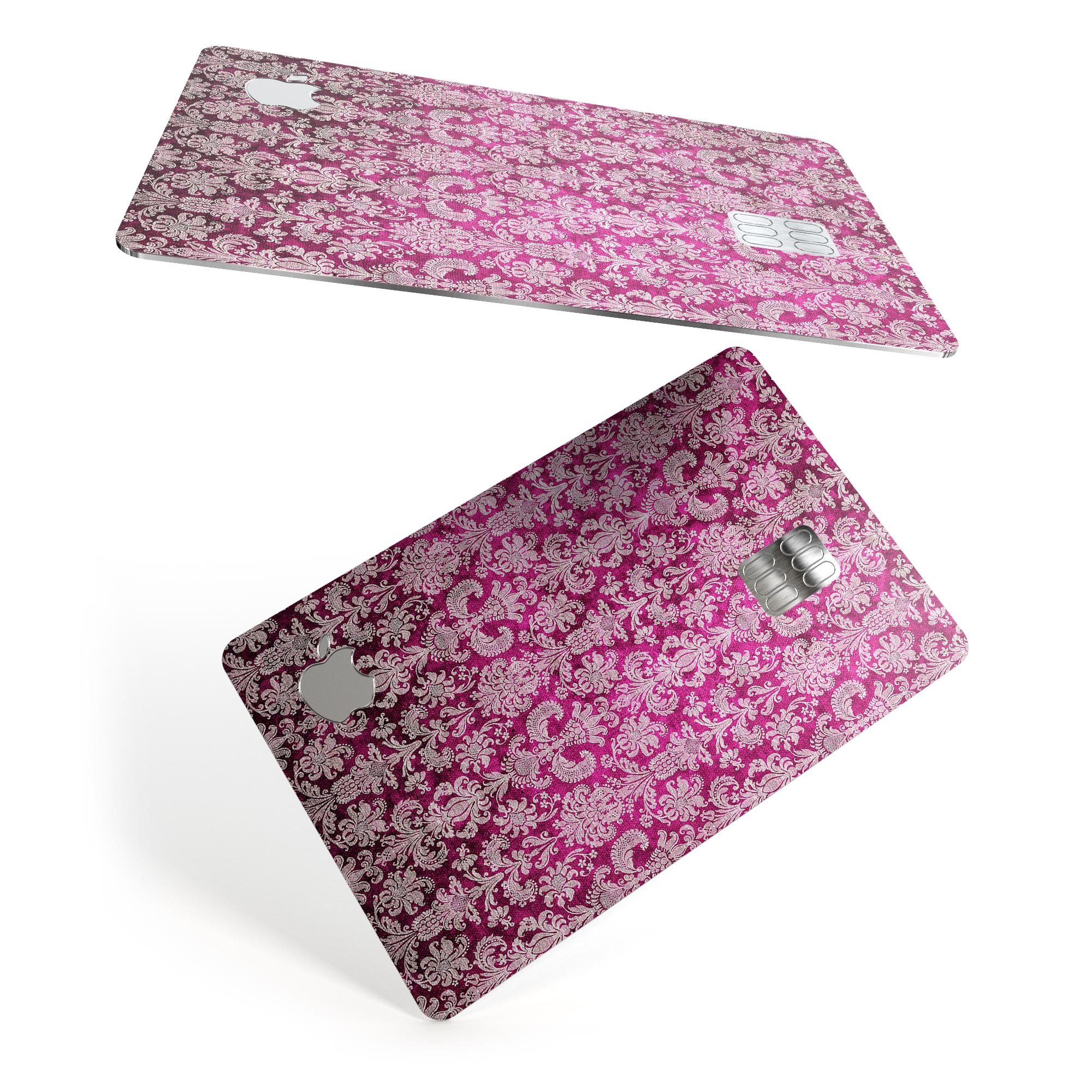 Deep Magenta Damask Pattern skin for Apple Card, showcasing intricate design and premium vinyl material.