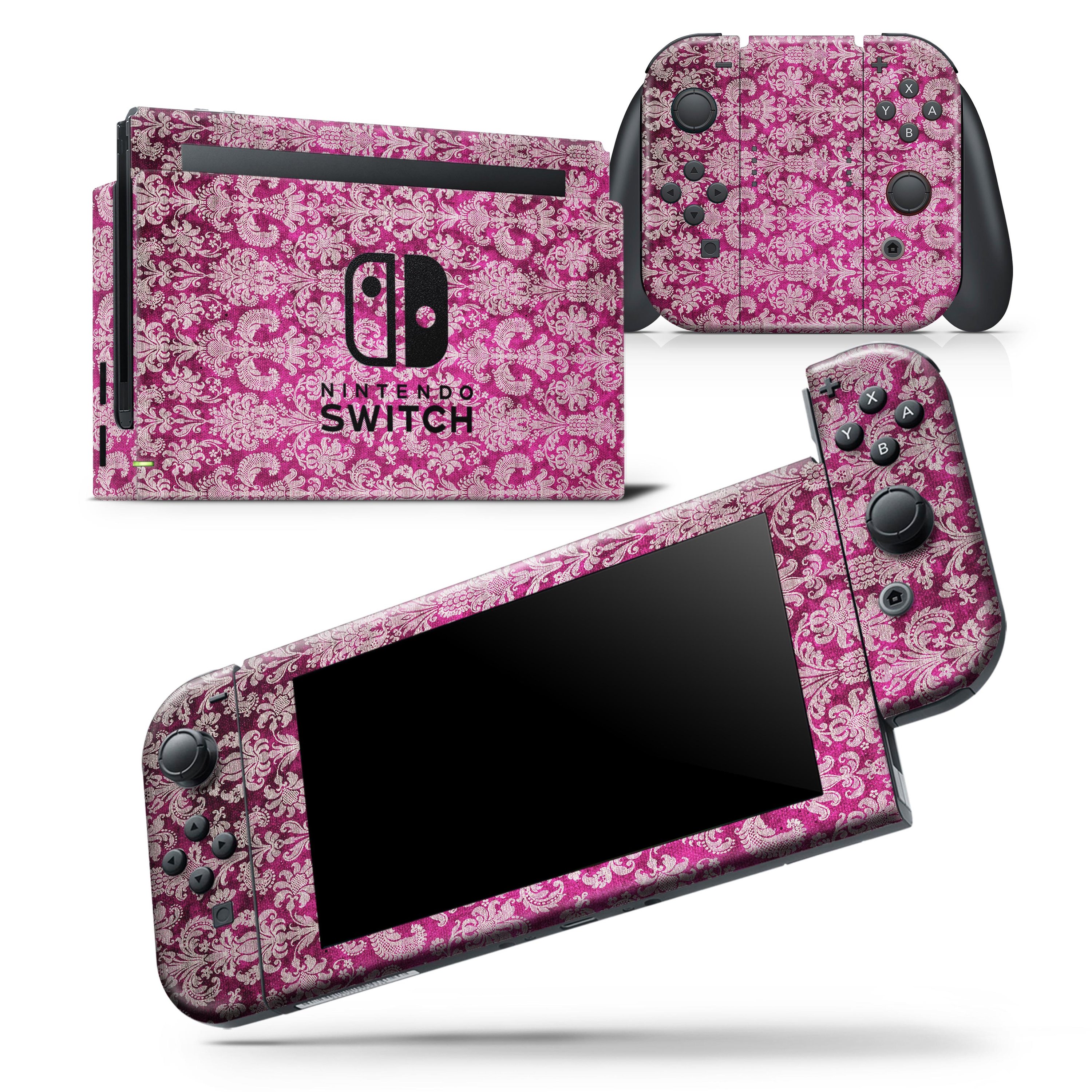 Deep Magenta Damask Pattern Skin Wrap Decal for Nintendo Switch Lite, showcasing a stylish design that fits snugly on the console and controllers.