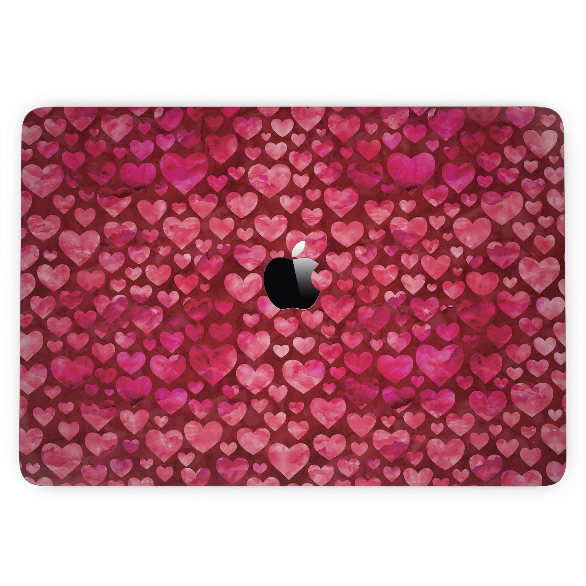Deep Pink Watercolor Hearts skin for 13" MacBook Pro without Touch Bar, showcasing vibrant colors and a stylish design.