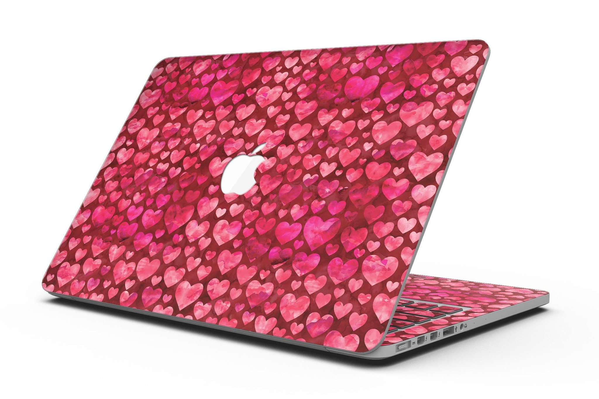 Deep Pink Watercolor Hearts skin for MacBook Pro with Retina Display, showcasing vibrant colors and a stylish design.