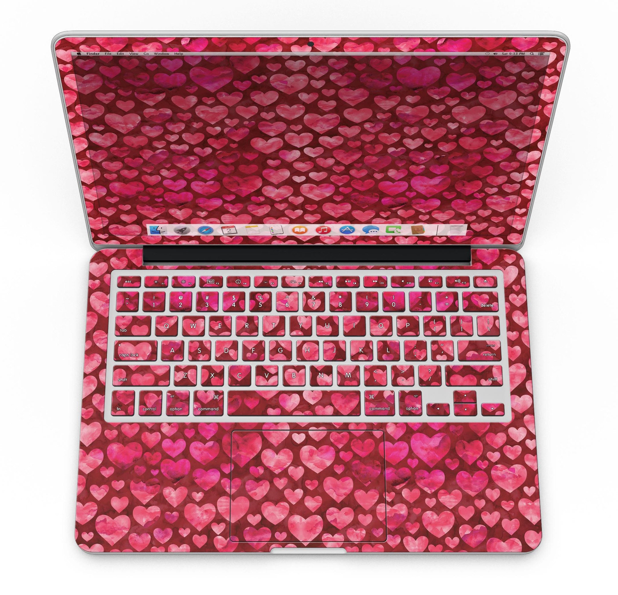 Deep Pink Watercolor Hearts skin for MacBook Pro with Retina Display, showcasing vibrant colors and a stylish design.