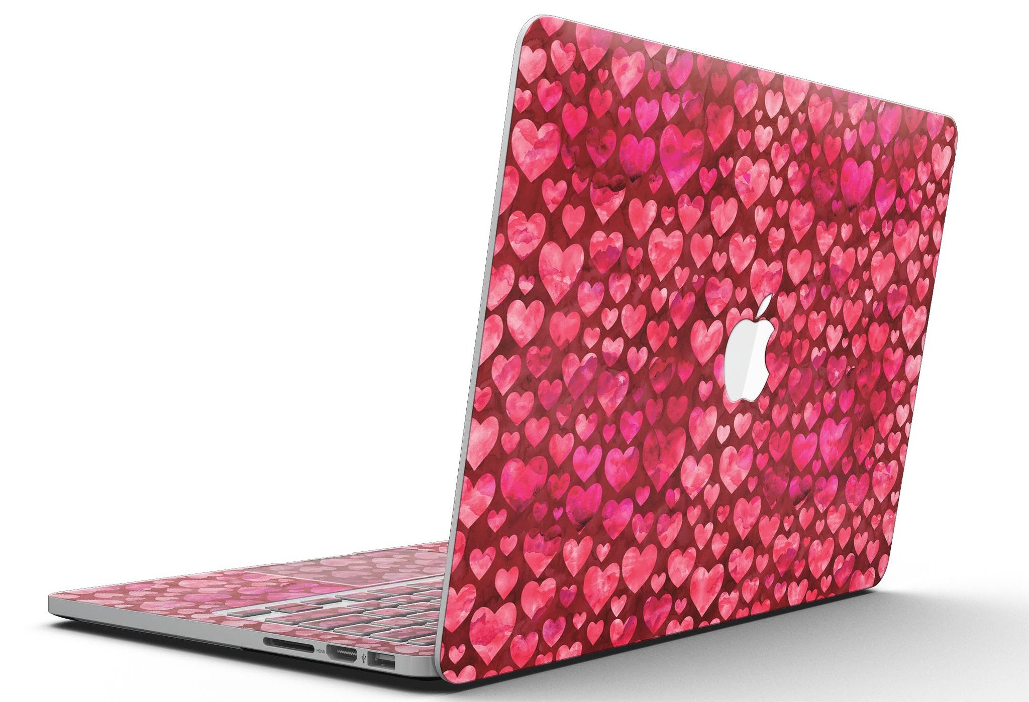 Deep Pink Watercolor Hearts skin for MacBook Pro with Retina Display, showcasing vibrant colors and a stylish design.