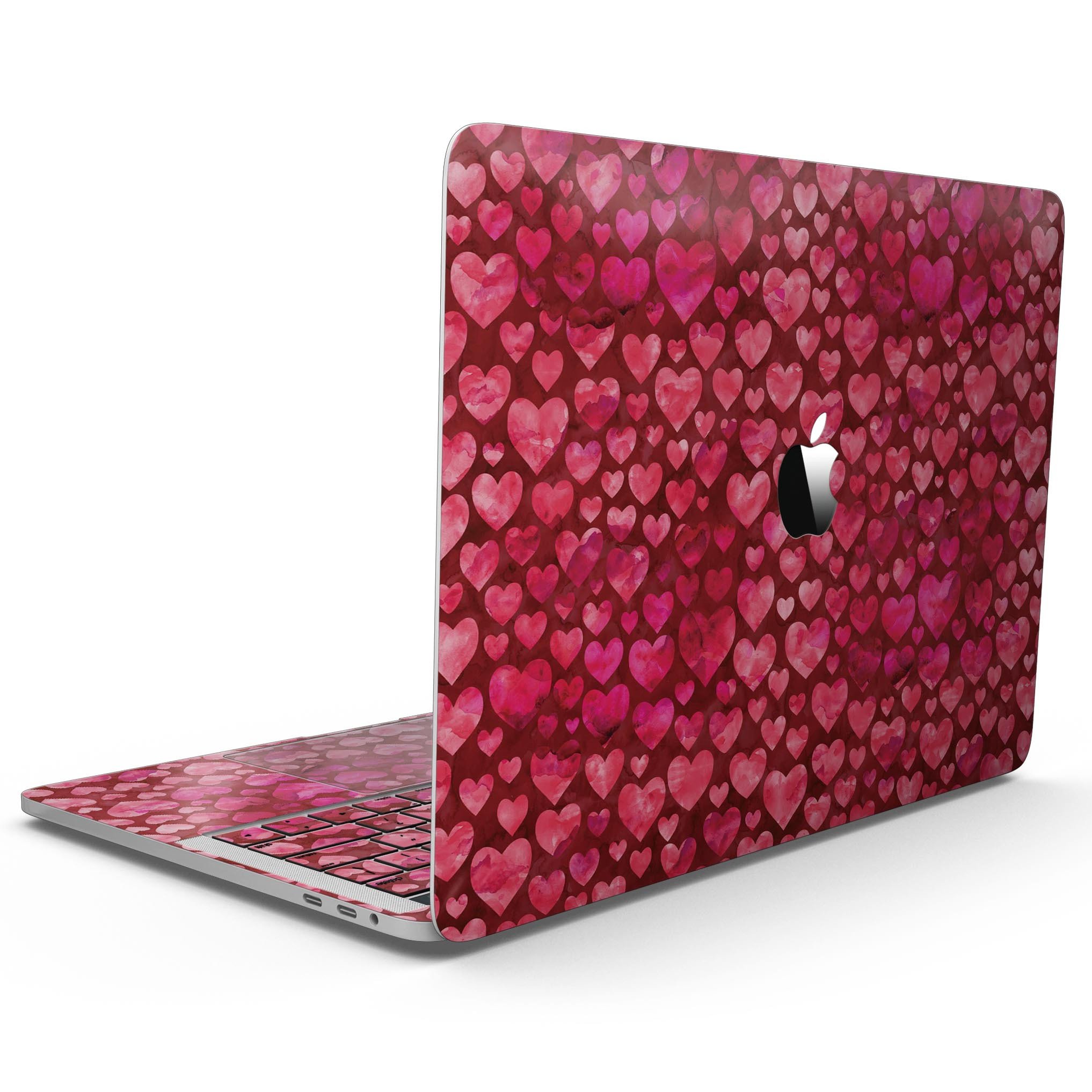 Deep Pink Watercolor Hearts skin for MacBook Pro with Touch Bar, showcasing vibrant colors and a stylish design.