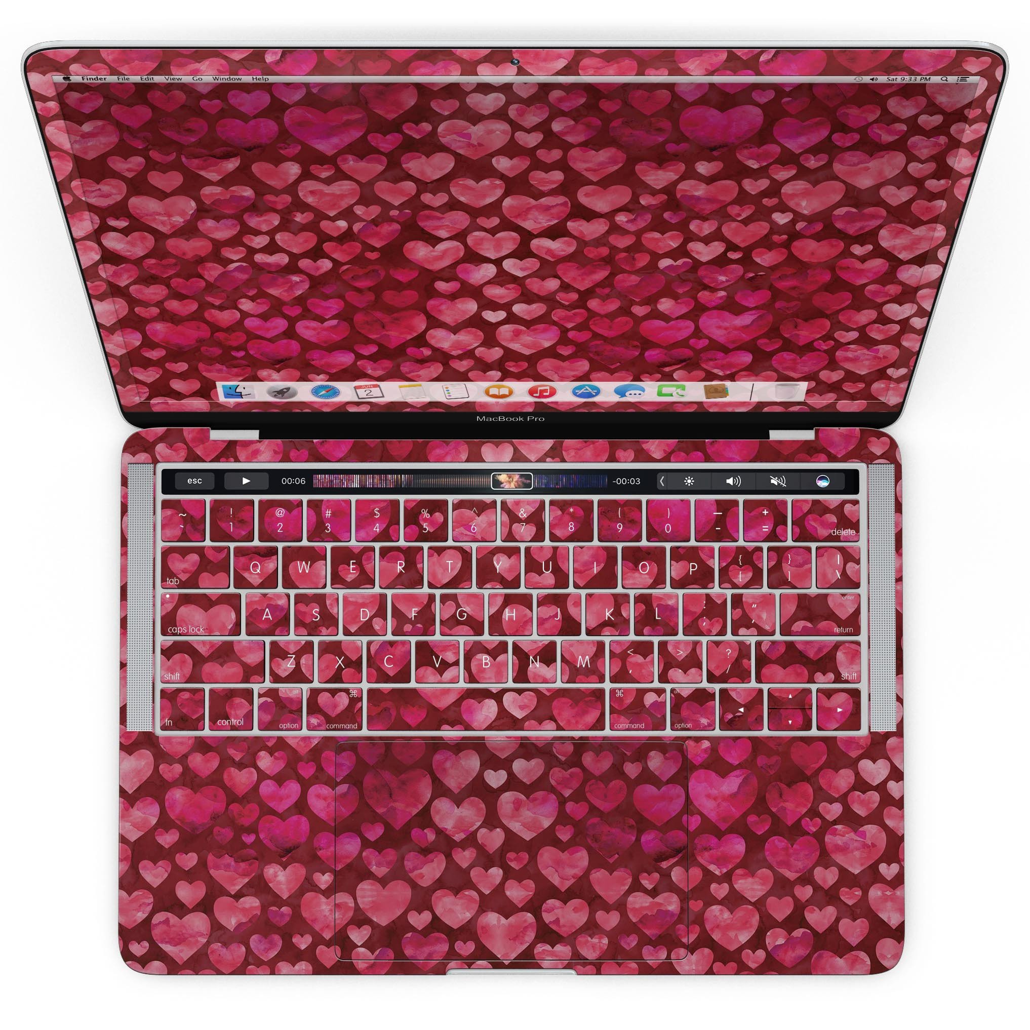 Deep Pink Watercolor Hearts skin for MacBook Pro with Touch Bar, showcasing vibrant colors and a stylish design.