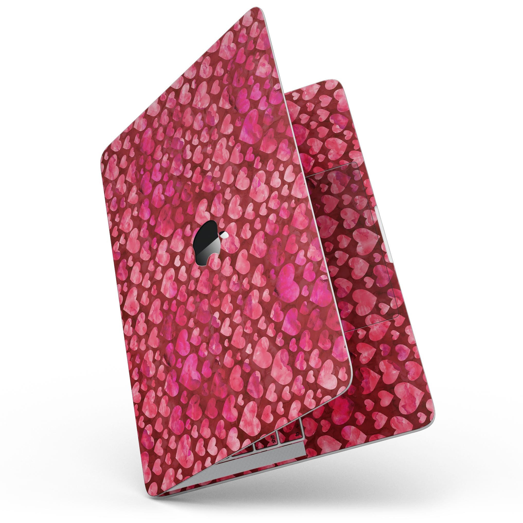 Deep Pink Watercolor Hearts skin for MacBook Pro with Touch Bar, showcasing vibrant colors and a stylish design.