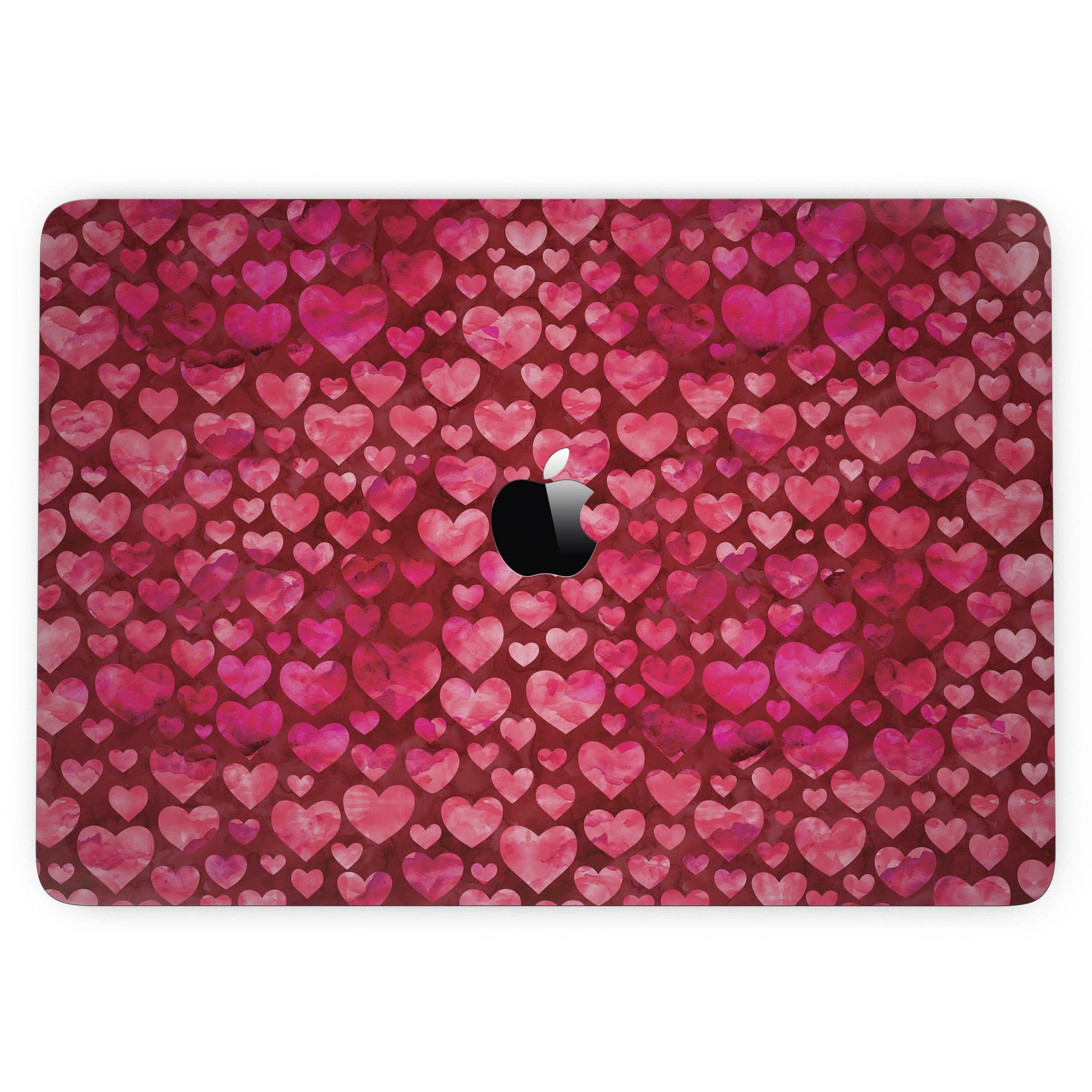 Deep Pink Watercolor Hearts skin for MacBook Pro with Touch Bar, showcasing vibrant colors and a stylish design.