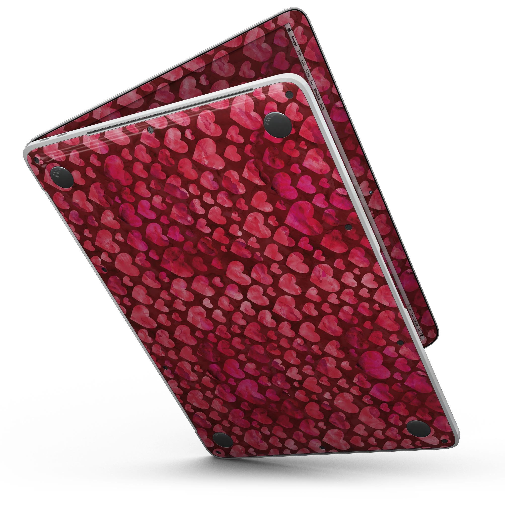 Deep Pink Watercolor Hearts skin for MacBook Pro with Touch Bar, showcasing vibrant colors and a stylish design.
