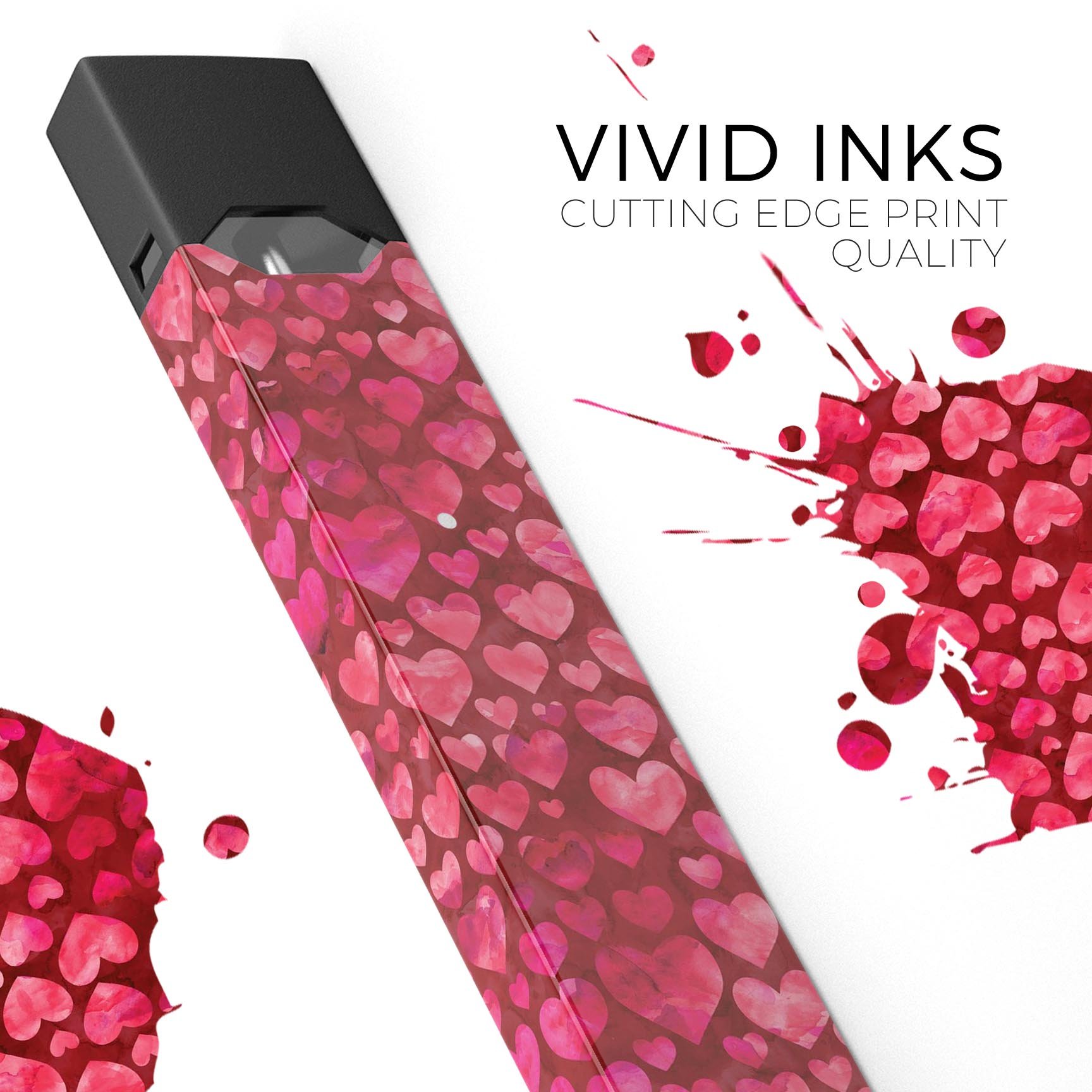 Deep Pink Watercolor Hearts skin-wrap for JUUL device, featuring vibrant colors and a protective design.