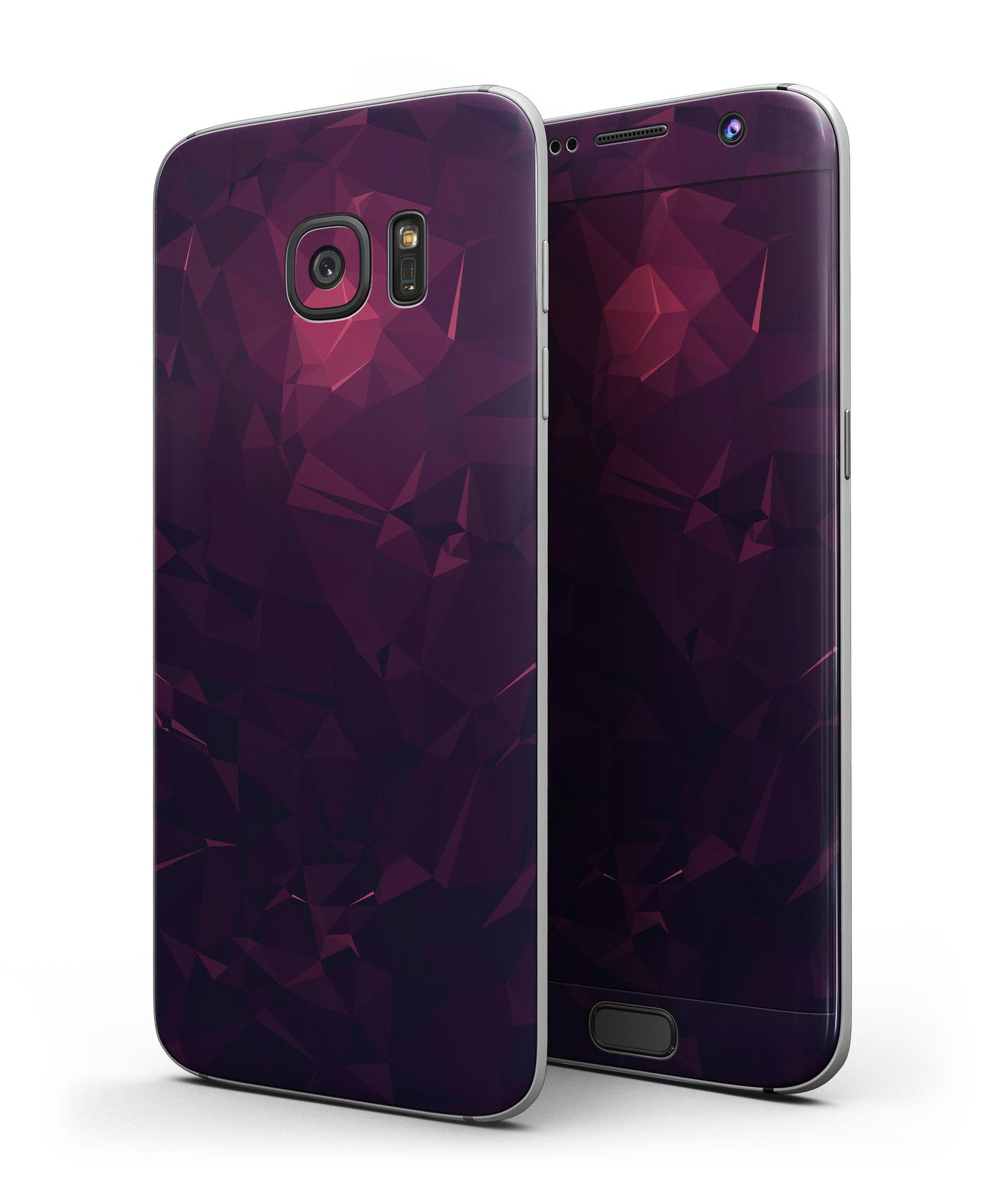 Deep Purple and Red Geometric Triangles skin kit for Samsung Galaxy S7/S7 Edge, showcasing vibrant geometric patterns.