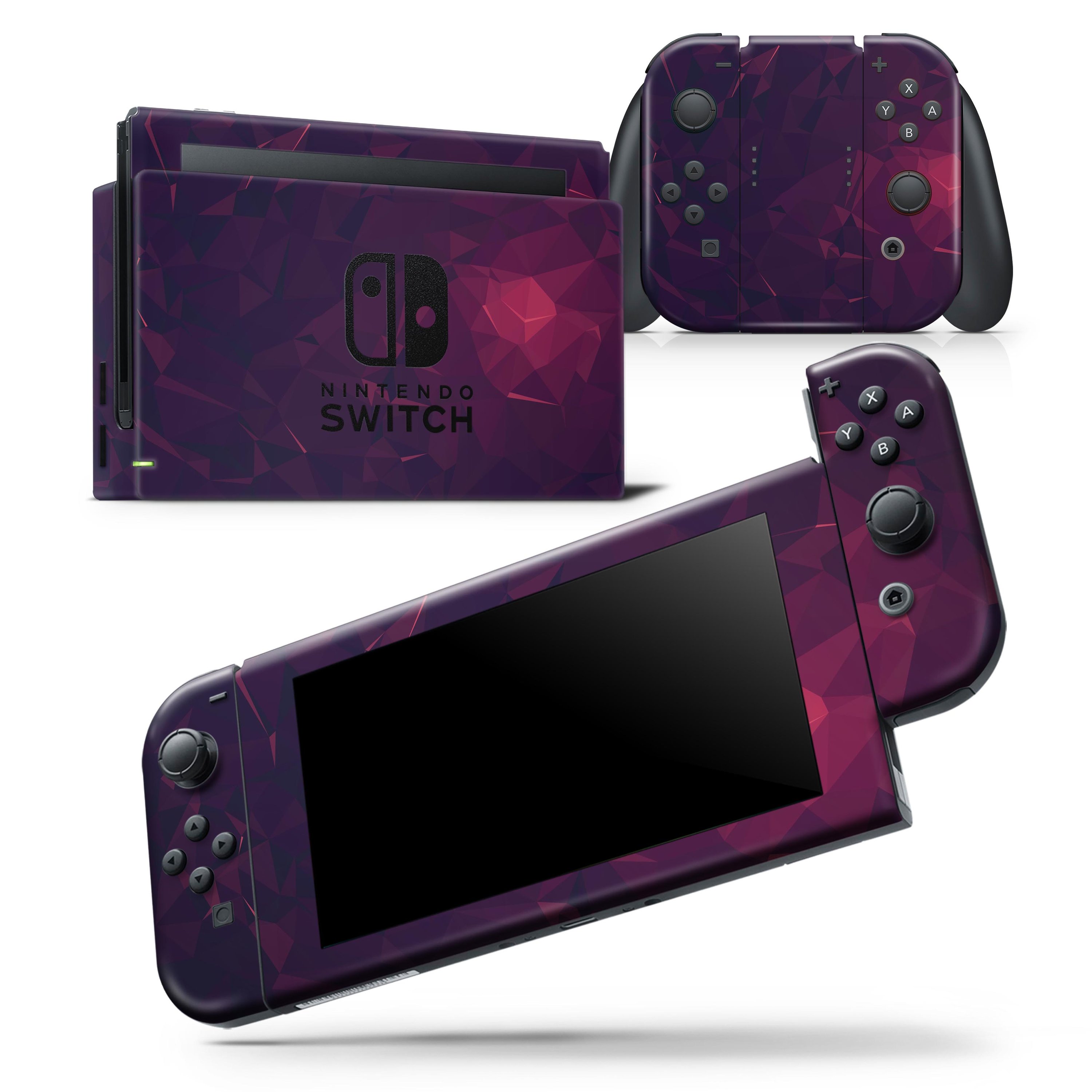Deep Purple and Red Geometric Triangles skin wrap decal for Nintendo Switch, showcasing a vibrant geometric design.