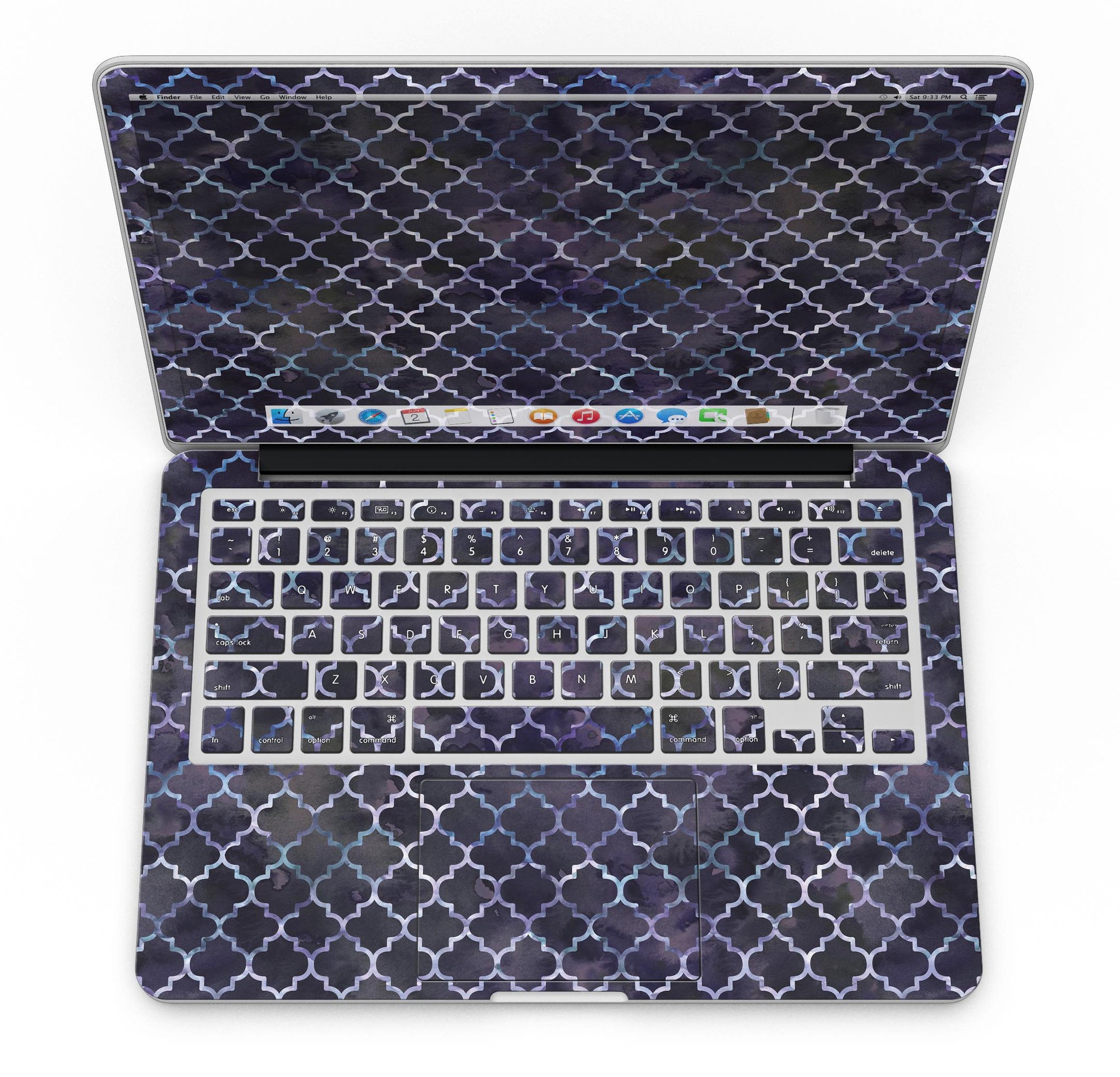 Deep Purple Watercolor Quatrefoil skin for MacBook Pro with Retina Display, showcasing vibrant colors and intricate design.
