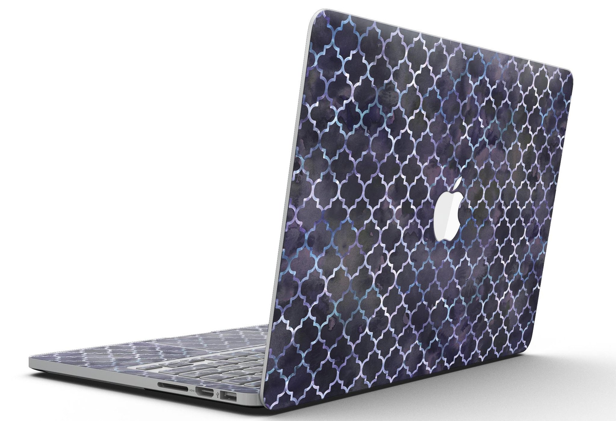 Deep Purple Watercolor Quatrefoil skin for MacBook Pro with Retina Display, showcasing vibrant colors and intricate design.