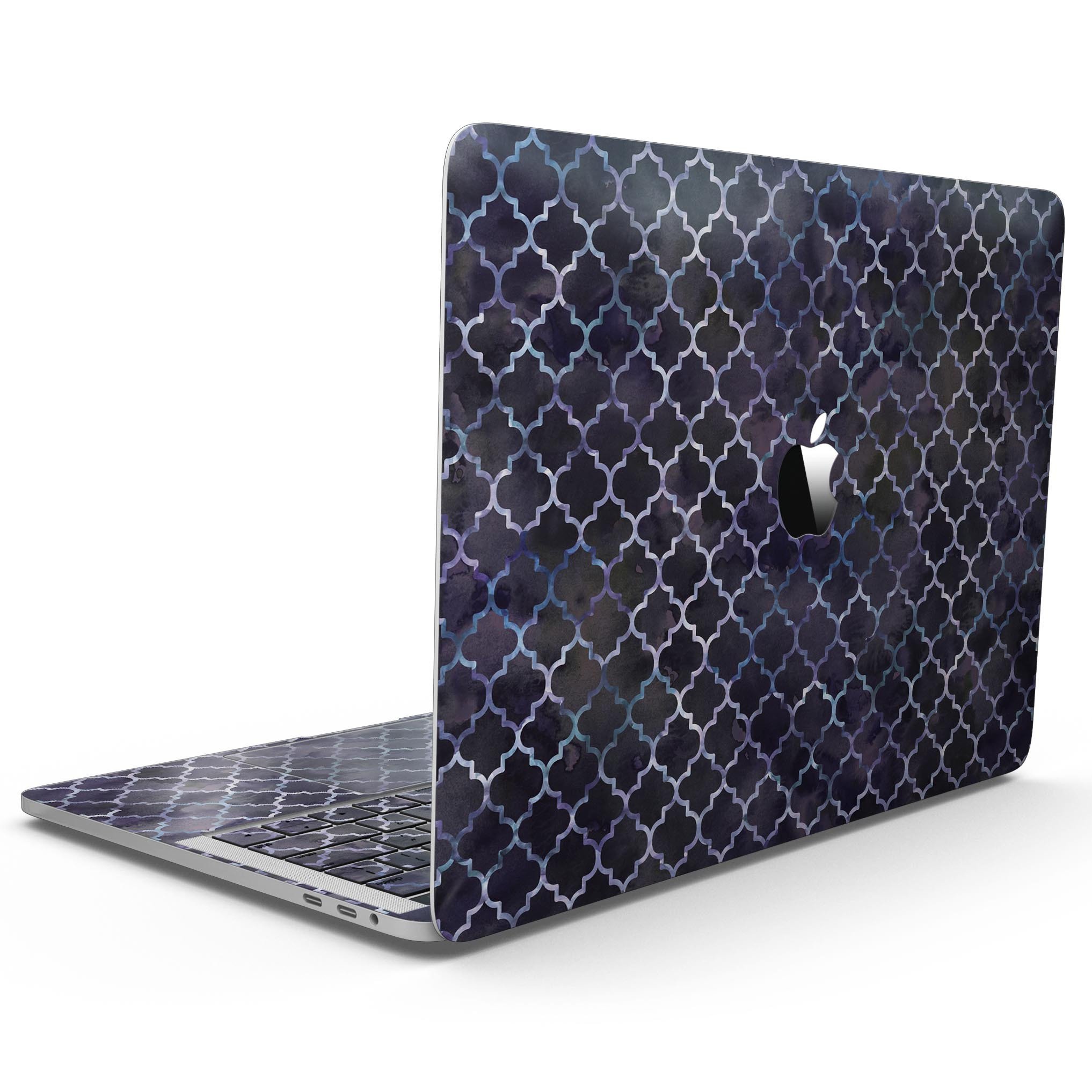 Deep Purple Watercolor Quatrefoil skin for MacBook Pro with Touch Bar, showcasing vibrant colors and intricate design.