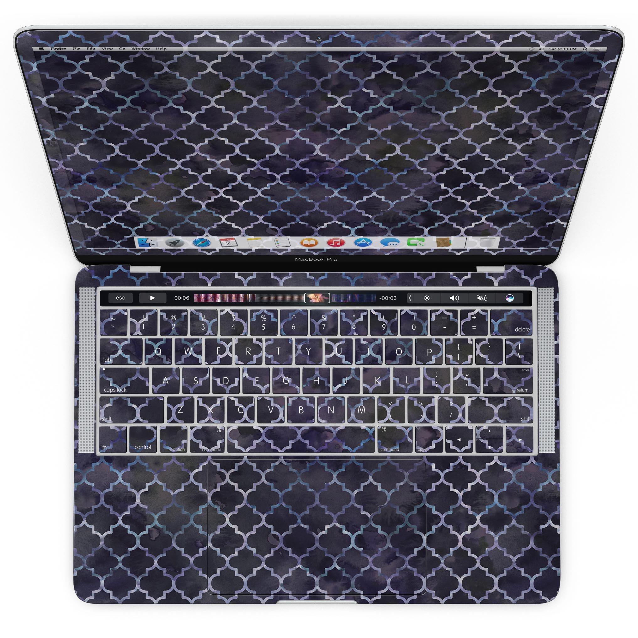 Deep Purple Watercolor Quatrefoil skin for MacBook Pro with Touch Bar, showcasing vibrant colors and intricate design.