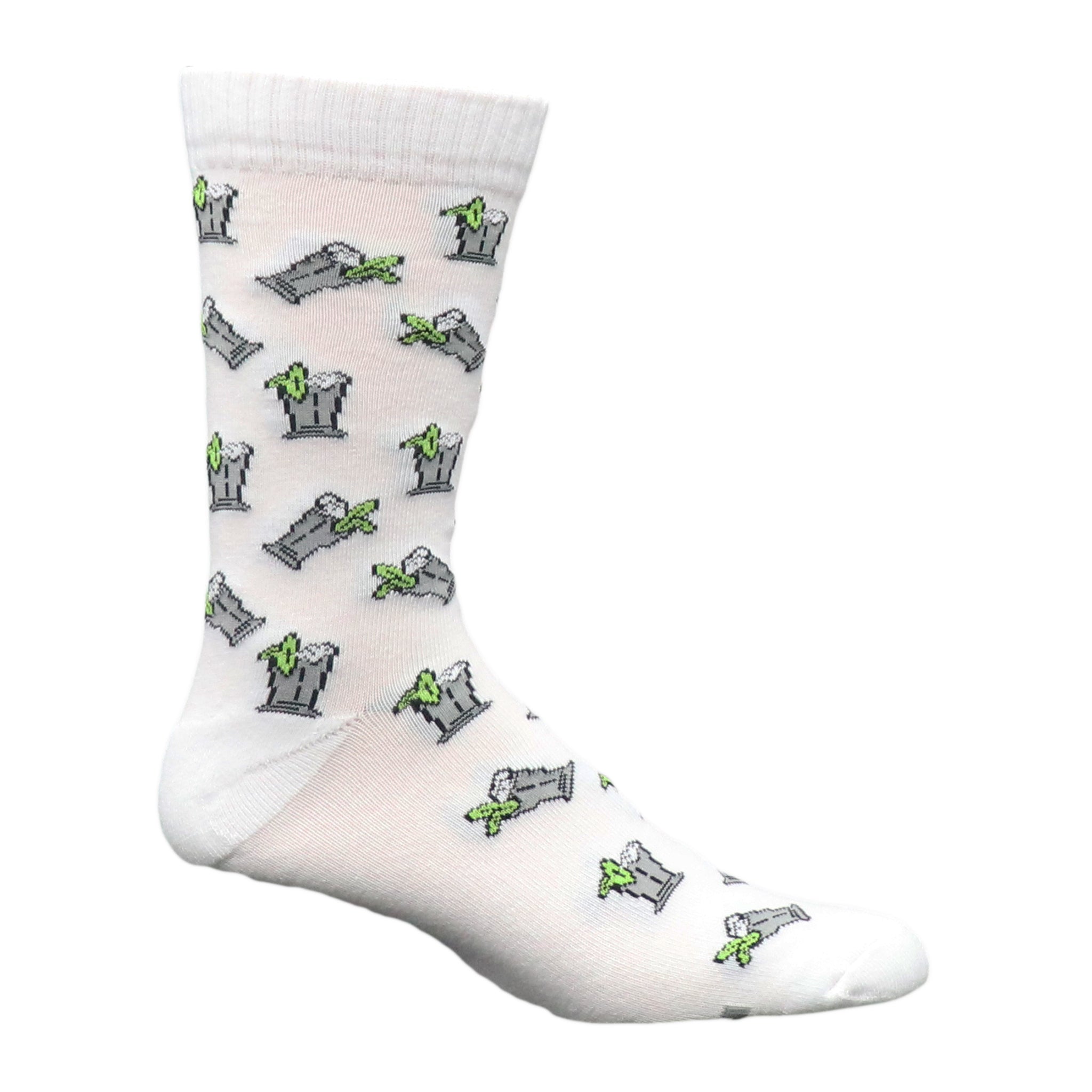 Derby Time Kentucky Mint Julep Crew Socks featuring mint julep design in pewter mugs on a white background.
