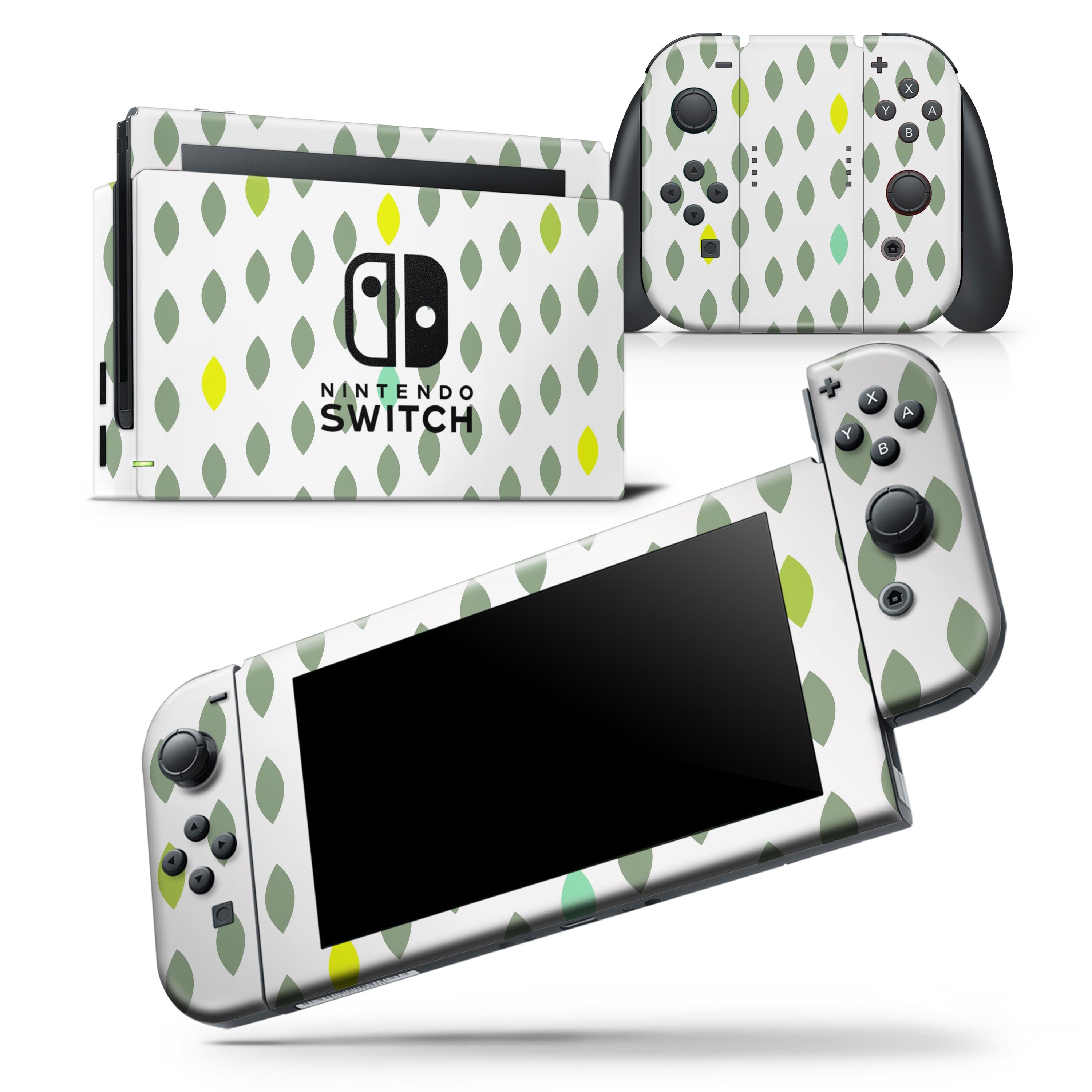 Descending Shades of Green Petals skin wrap decal for Nintendo Switch, showcasing a vibrant green design that fits the console and controllers perfectly.