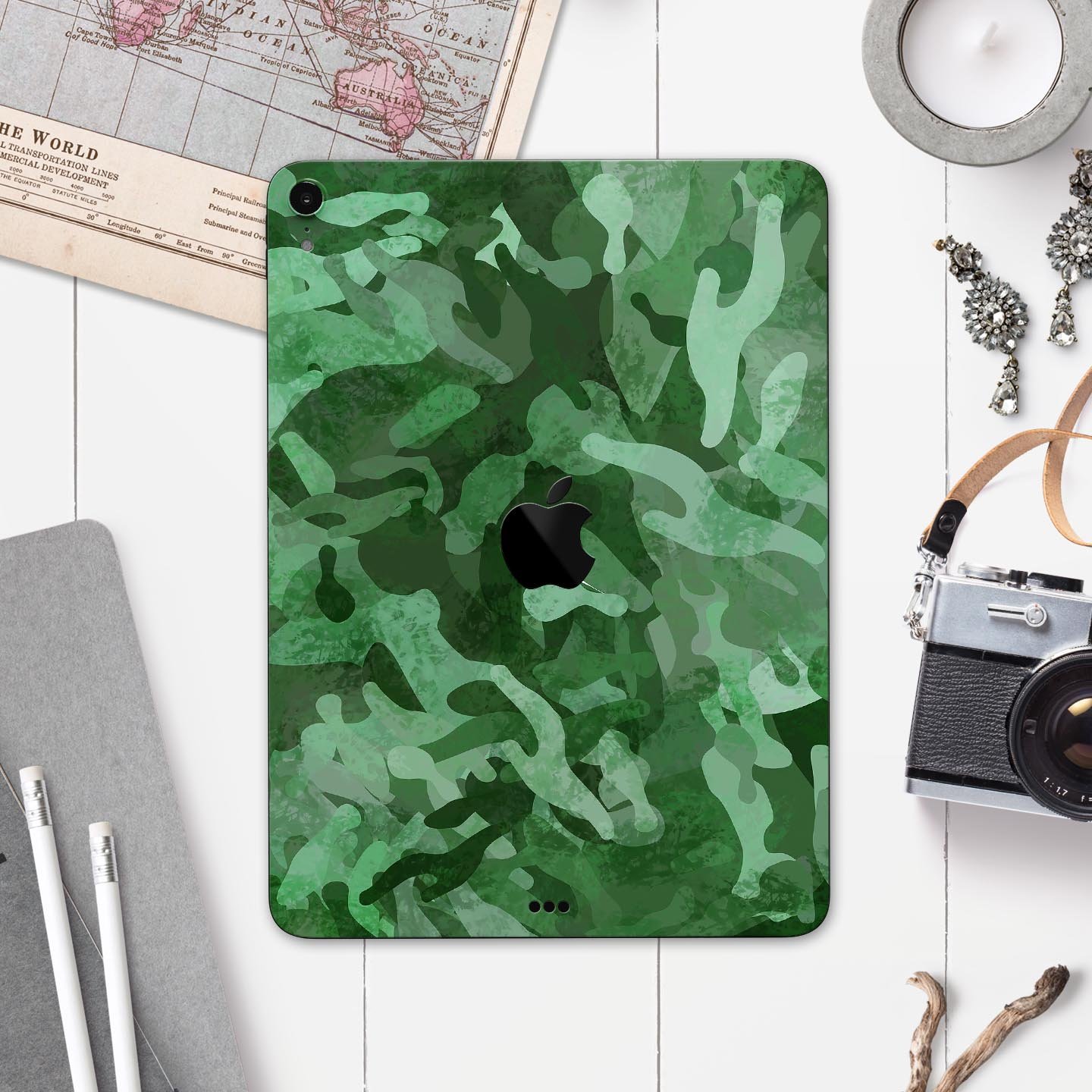 Desert Green Camouflage V2 skin decal for Apple iPad, showcasing its unique design and premium quality materials.