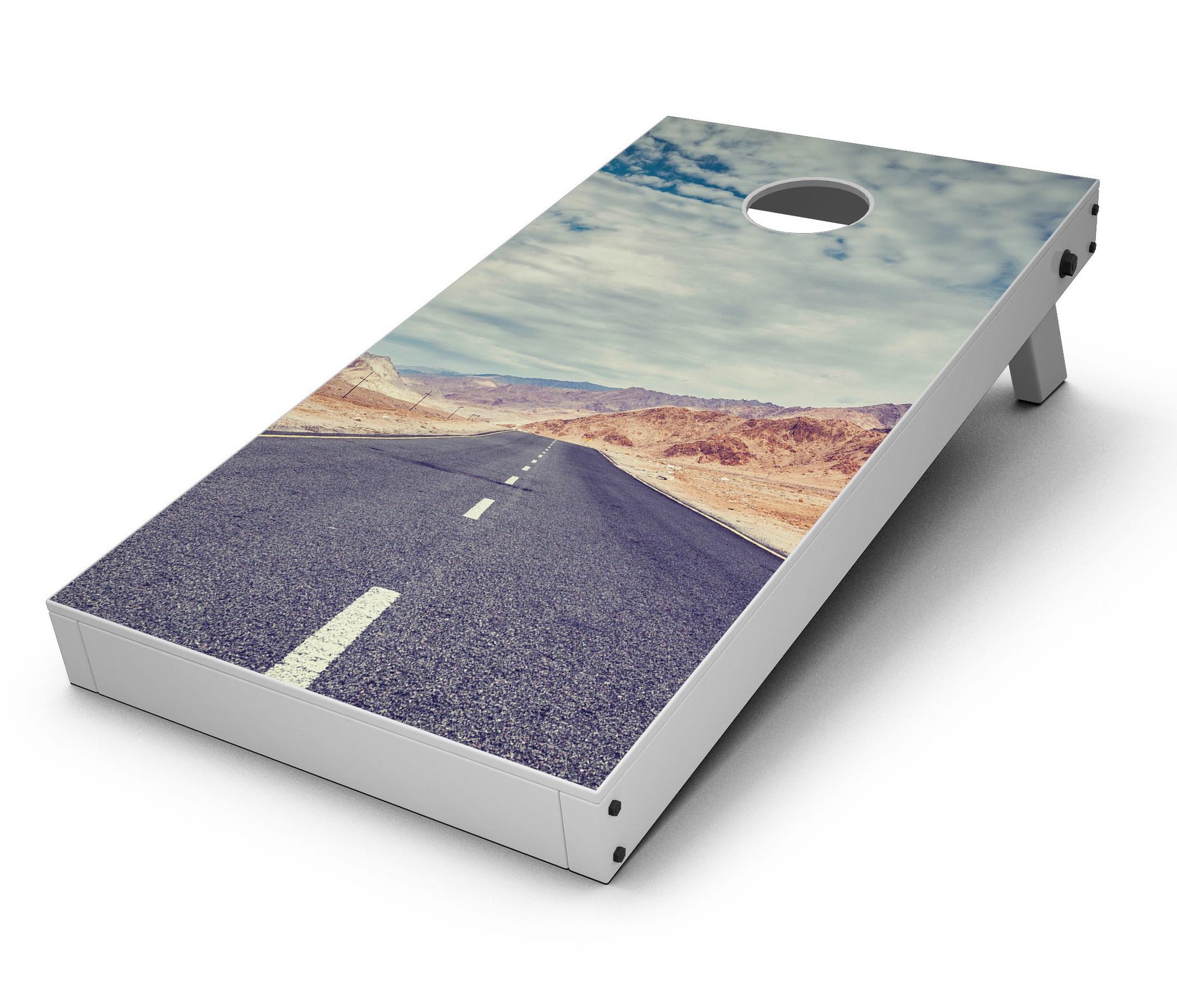 Desert Road CornHole Board Skin Decal Kit featuring vibrant design for outdoor games.
