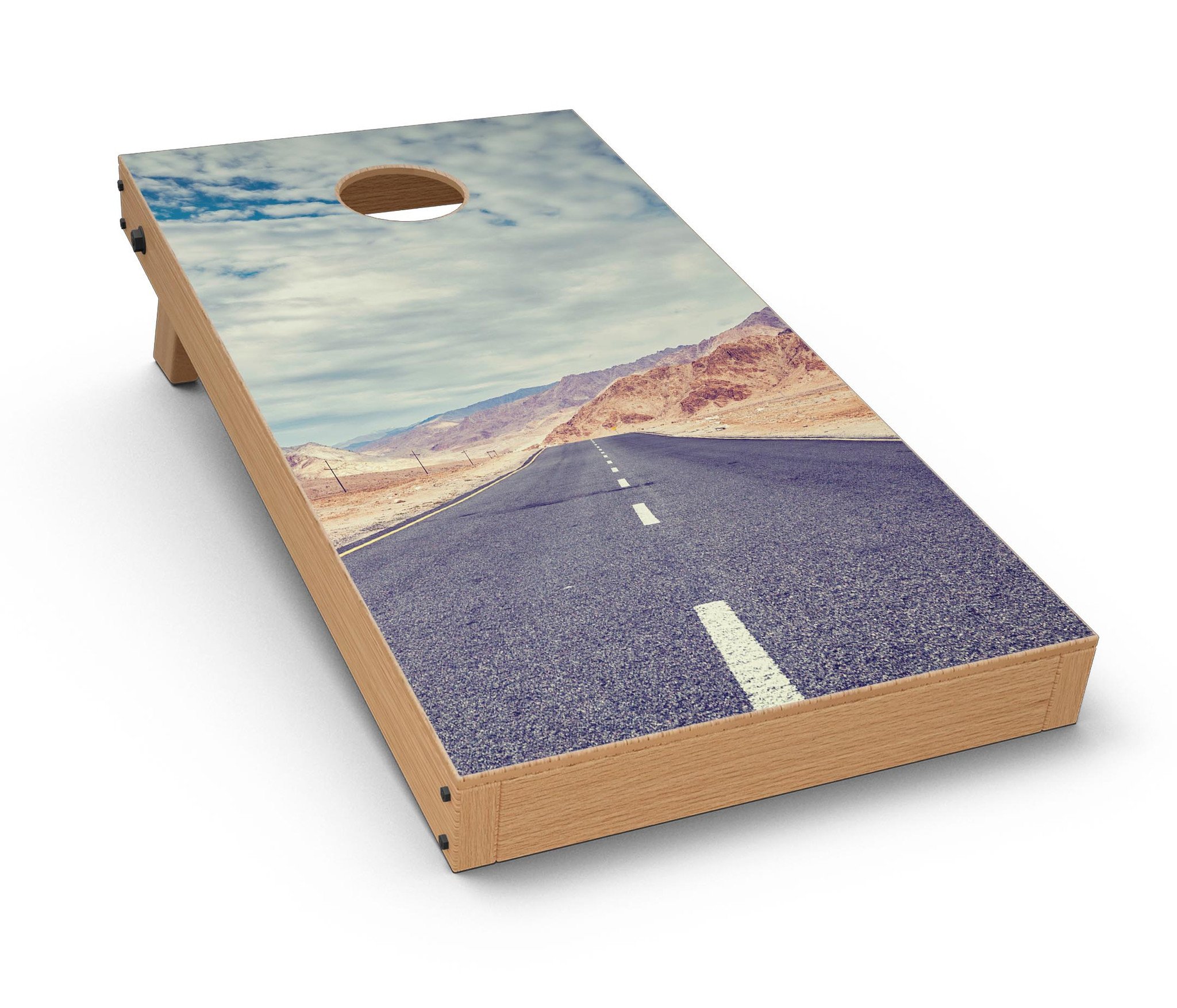 Desert Road CornHole Board Skin Decal Kit featuring vibrant design for outdoor games.
