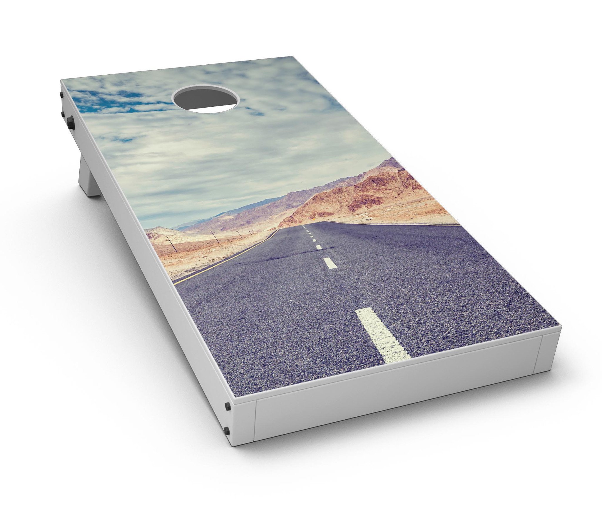 Desert Road CornHole Board Skin Decal Kit featuring vibrant design for outdoor games.
