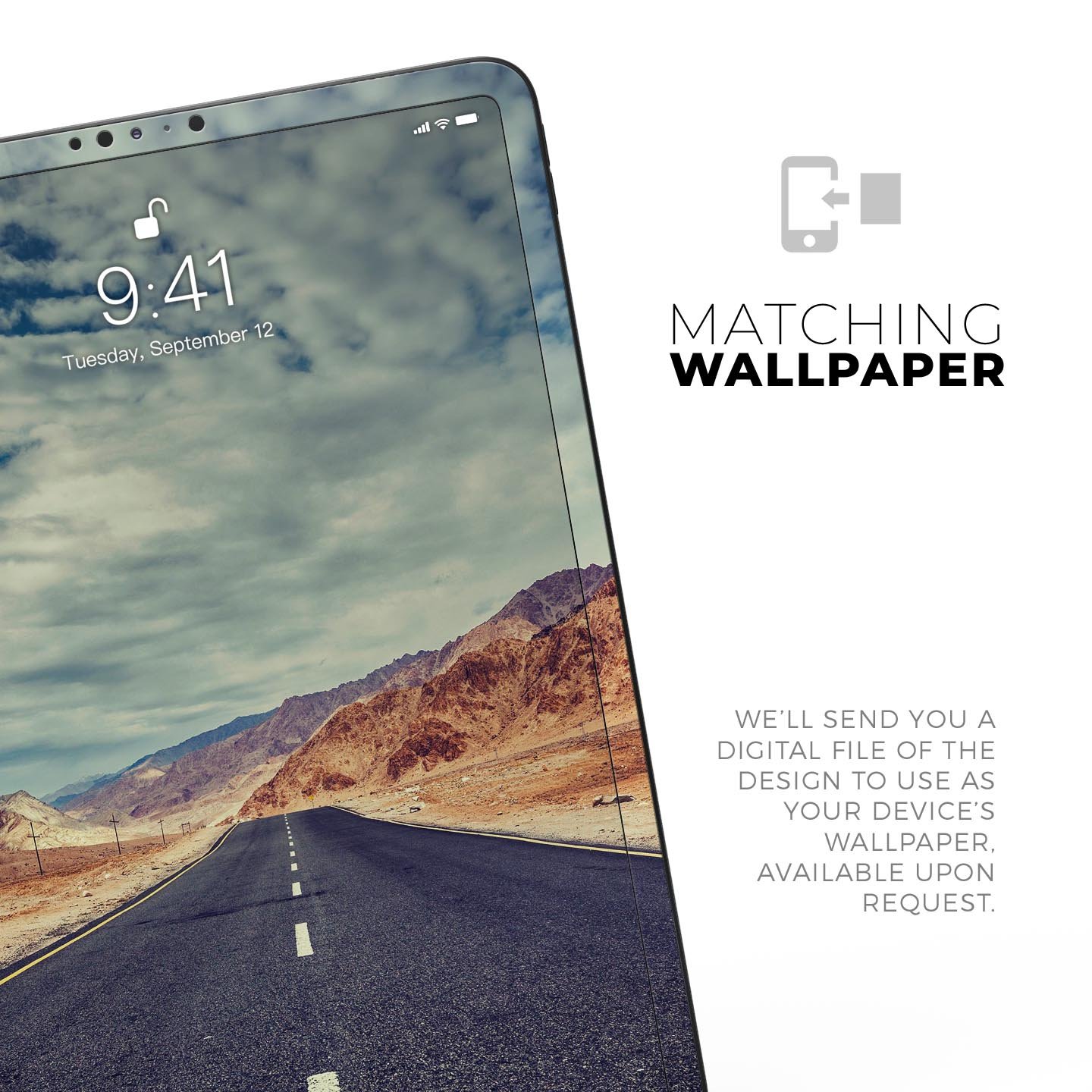 Desert Road full body skin decal for Apple iPad Pro, showcasing vibrant design and premium 3M material.