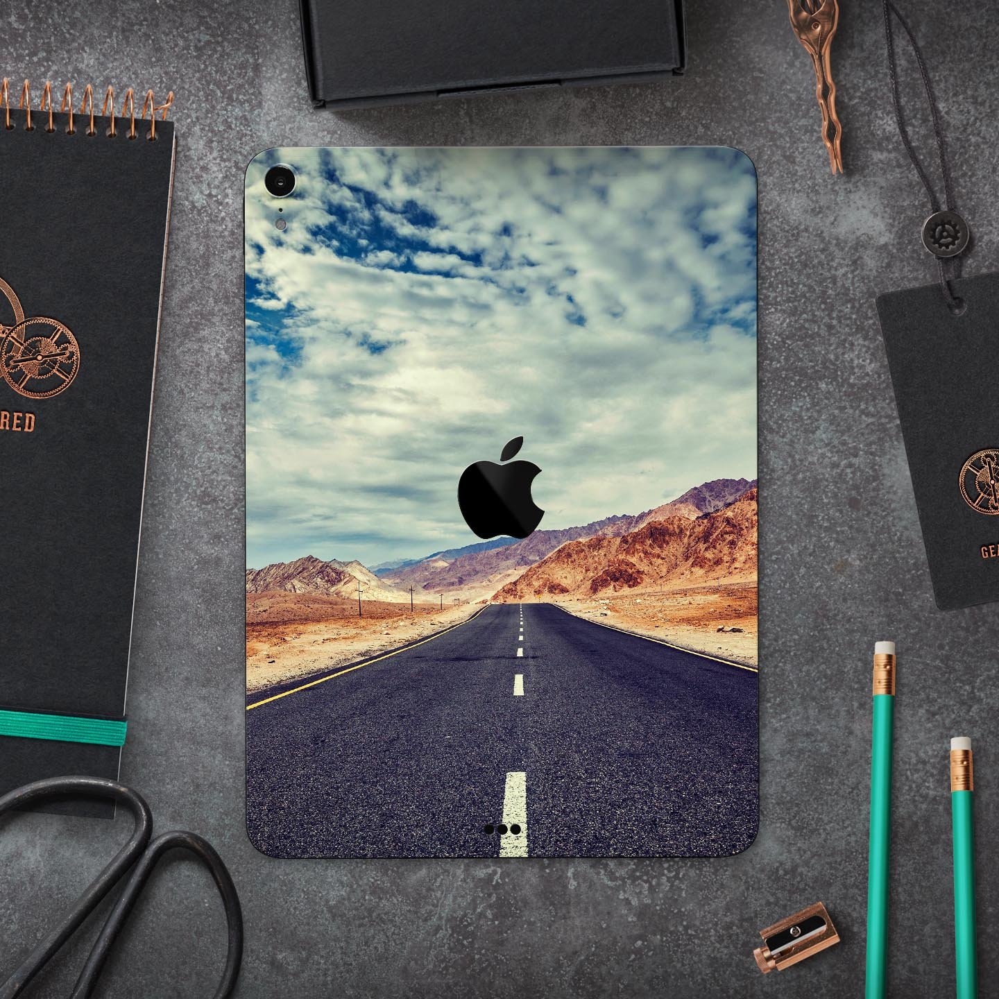 Desert Road full body skin decal for Apple iPad Pro, showcasing vibrant design and premium 3M material.
