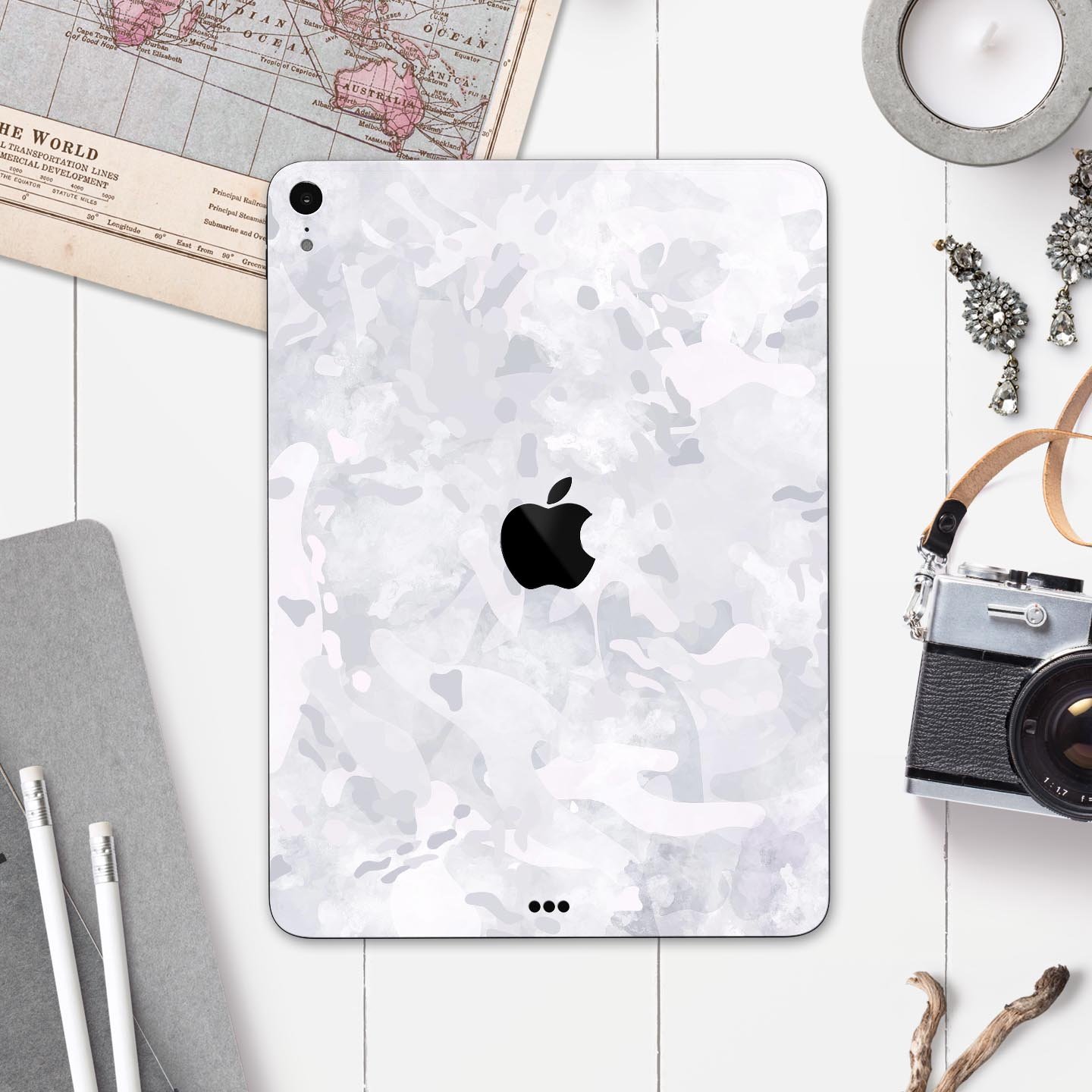 Desert Winter Camouflage V3 skin decal for Apple iPad, showcasing its unique camouflage design and premium 3M material.