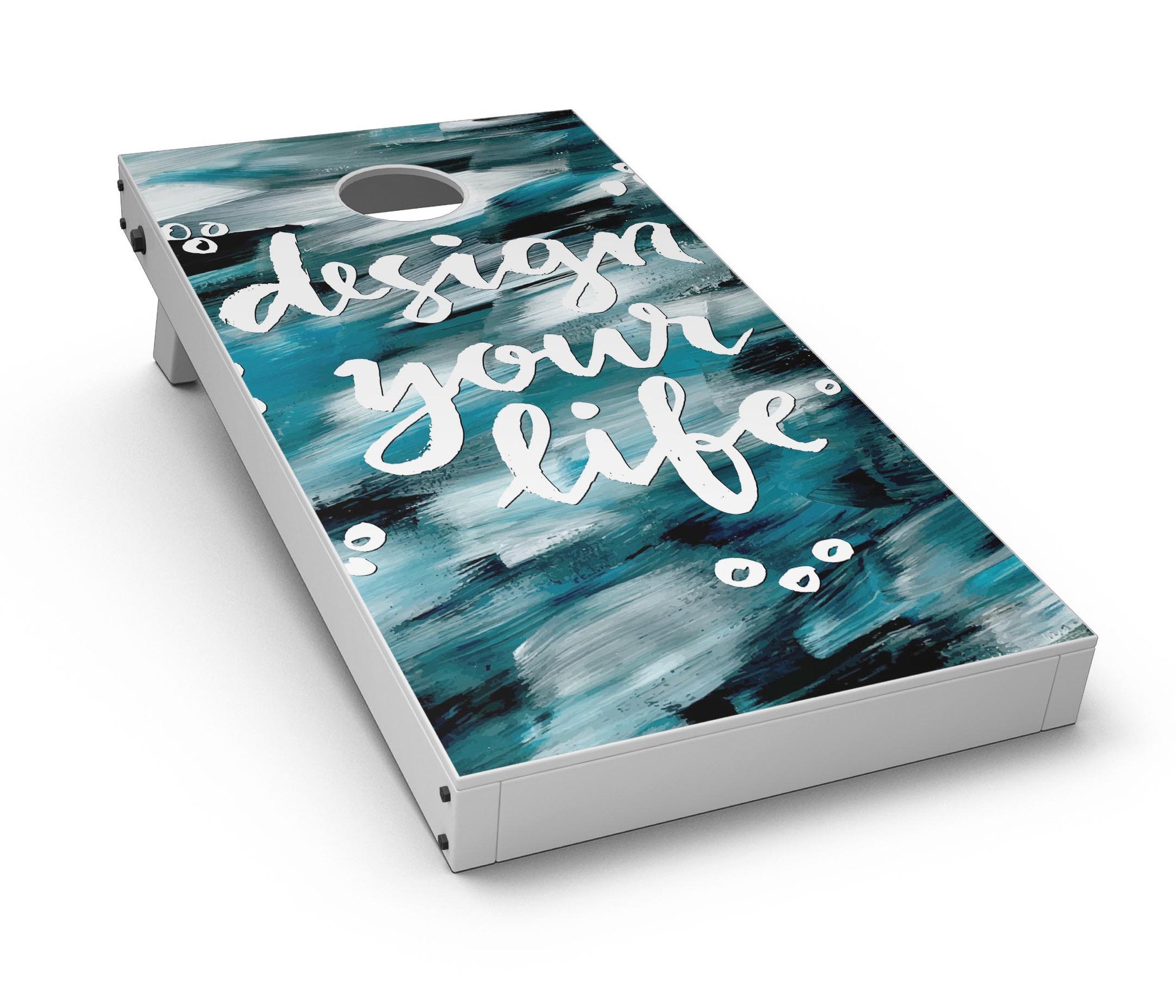 Design Your Life CornHole Board Skin Decal Kit featuring vibrant vinyl wraps for customization.