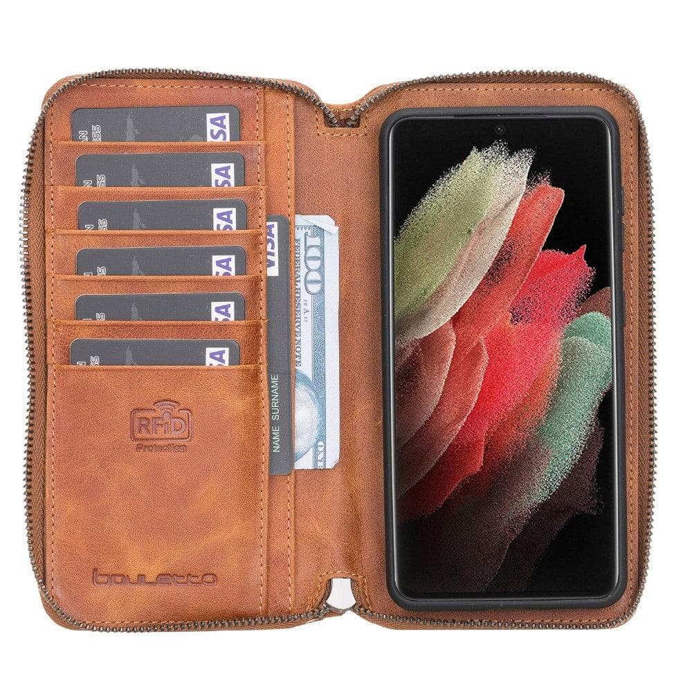 Detachable Leather Zipper Wallet Case for Samsung Galaxy S21 Series, showcasing genuine leather, card slots, and RFID protection.