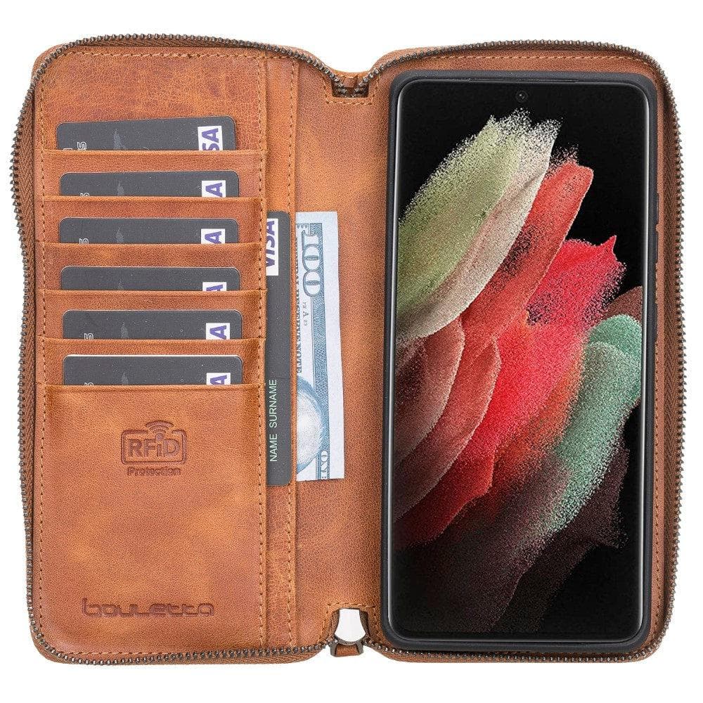 Detachable Leather Zipper Wallet Case for Samsung Galaxy S21 Series, showcasing genuine leather, card slots, and RFID protection.