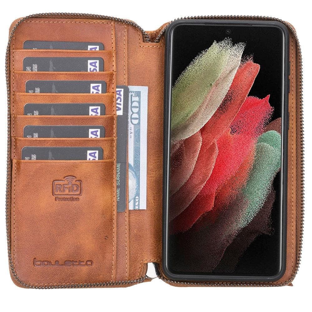 Detachable Leather Zipper Wallet Case for Samsung Galaxy S21 Series, showcasing genuine leather, card slots, and RFID protection.