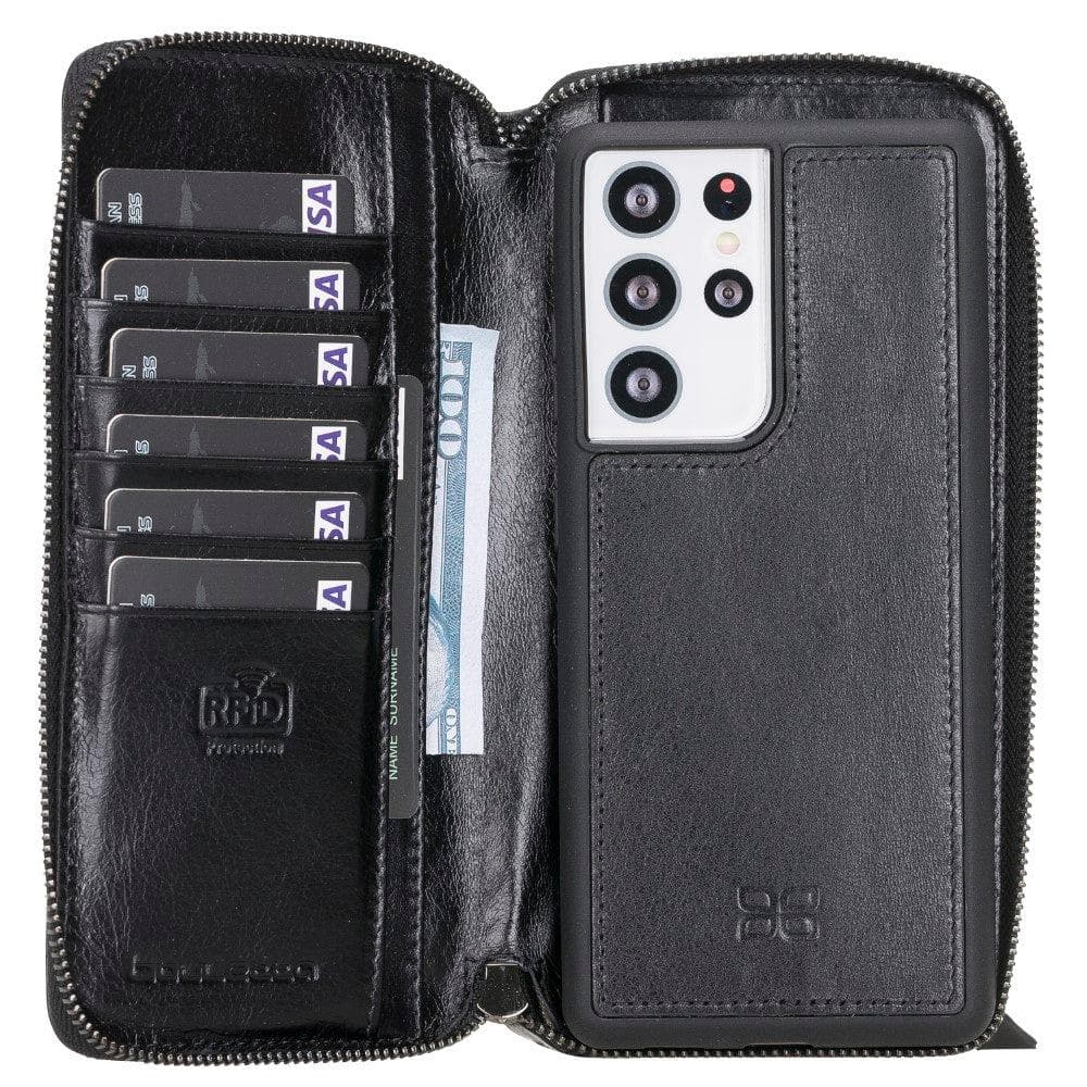 Detachable Leather Zipper Wallet Case for Samsung Galaxy S21 Series, showcasing genuine leather, card slots, and RFID protection.