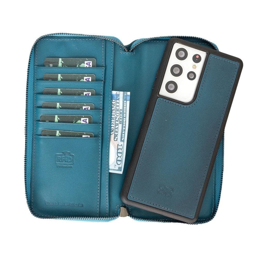 Detachable Leather Zipper Wallet Case for Samsung Galaxy S21 Series, showcasing genuine leather, card slots, and RFID protection.