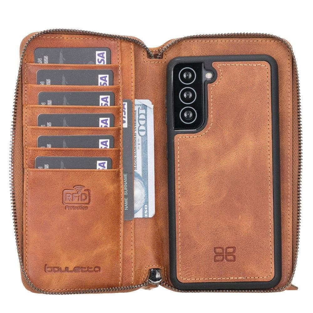 Detachable Leather Zipper Wallet Case for Samsung Galaxy S21 Series, showcasing genuine leather, card slots, and RFID protection.