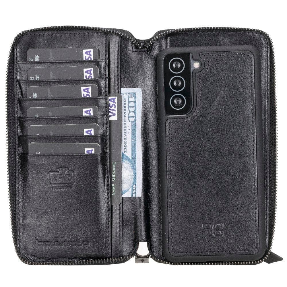 Detachable Leather Zipper Wallet Case for Samsung Galaxy S21 Series, showcasing genuine leather, card slots, and RFID protection.
