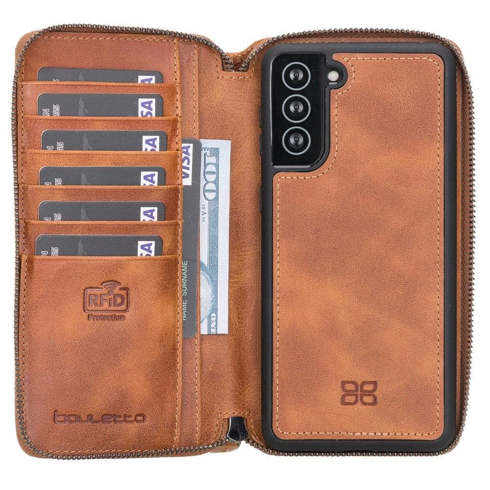 Detachable Leather Zipper Wallet Case for Samsung Galaxy S21 Series, showcasing genuine leather, card slots, and RFID protection.