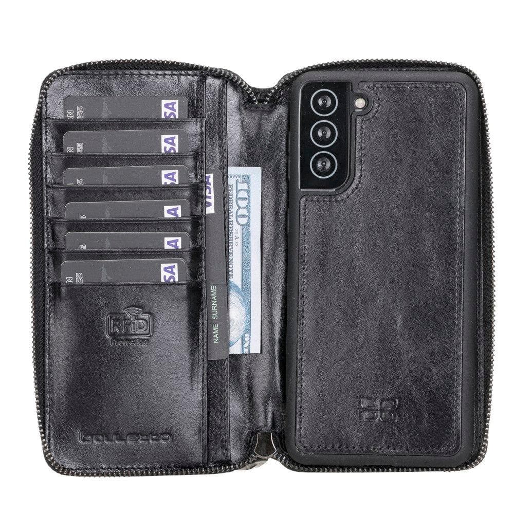 Detachable Leather Zipper Wallet Case for Samsung Galaxy S21 Series, showcasing genuine leather, card slots, and RFID protection.