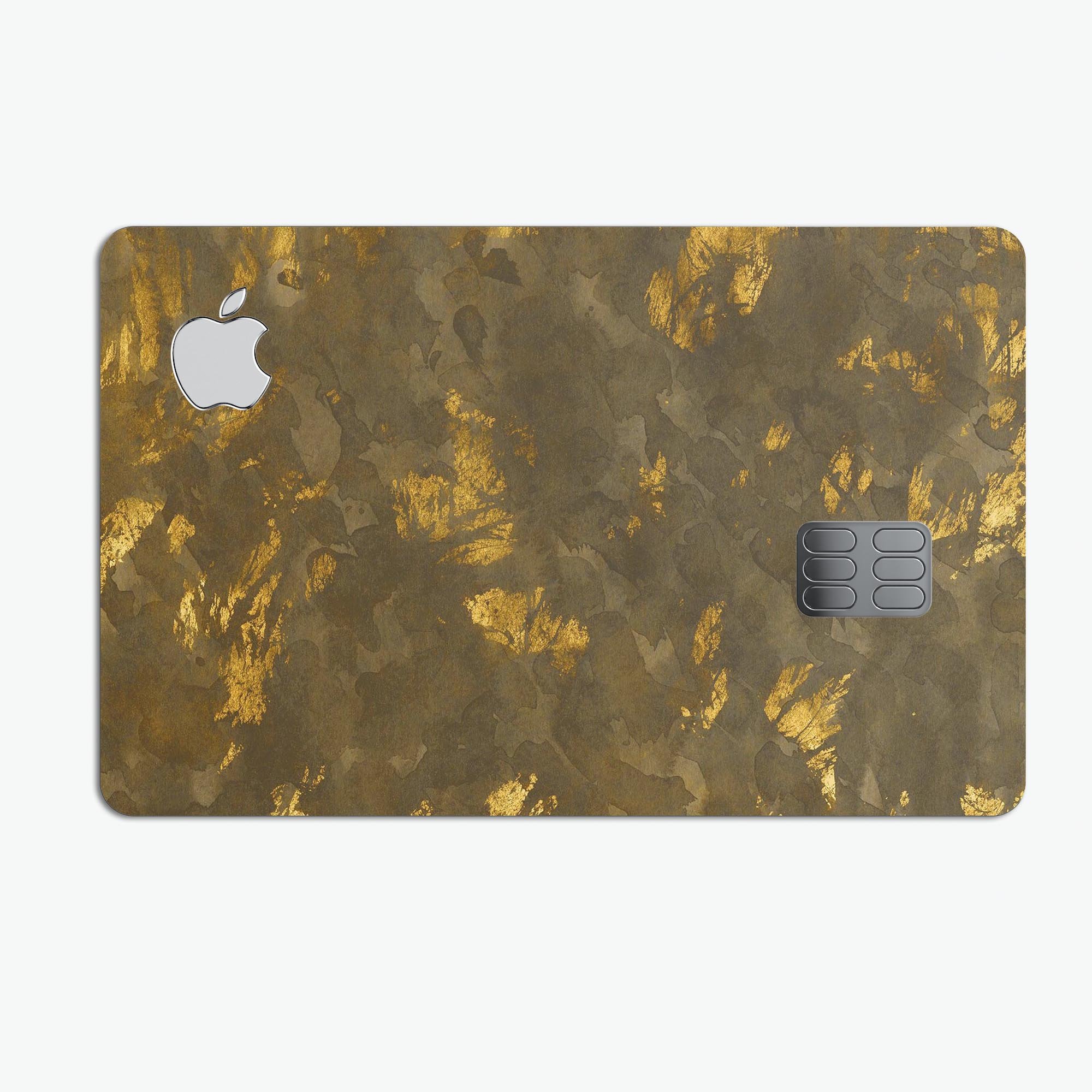 Dirt Covered Golden Plate skin applied to an Apple Card, showcasing its premium design and protective features.