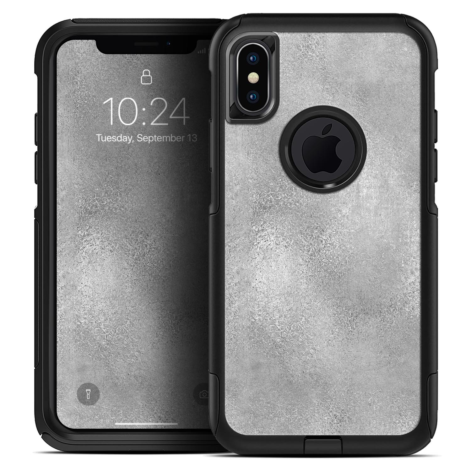 Distressed Silver Texture Skin Kit for iPhone OtterBox Cases, showcasing a stylish design with a textured silver finish.