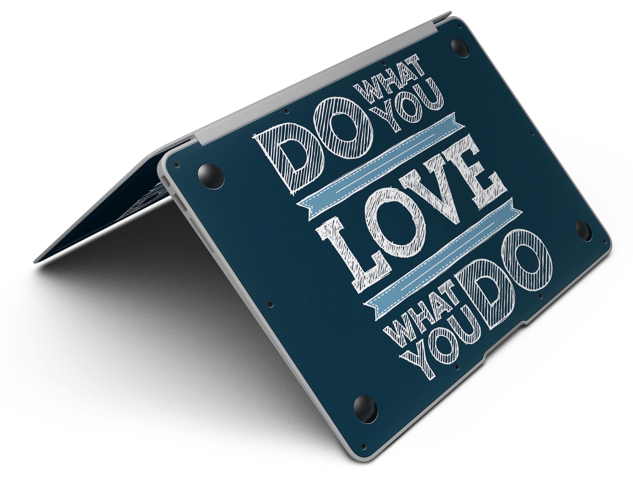 Stylish MacBook Air with 'Do What You Love What You Do' skin, showcasing a vibrant design and sleek finish.