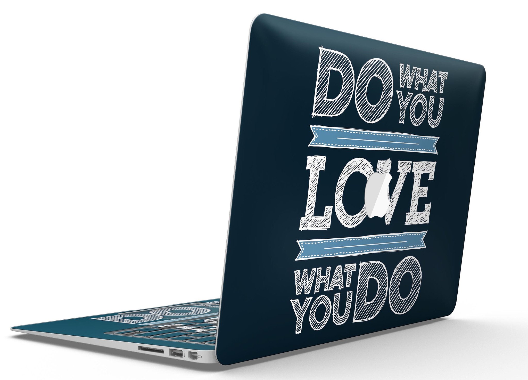 Stylish MacBook Air with 'Do What You Love What You Do' skin, showcasing a vibrant design and sleek finish.