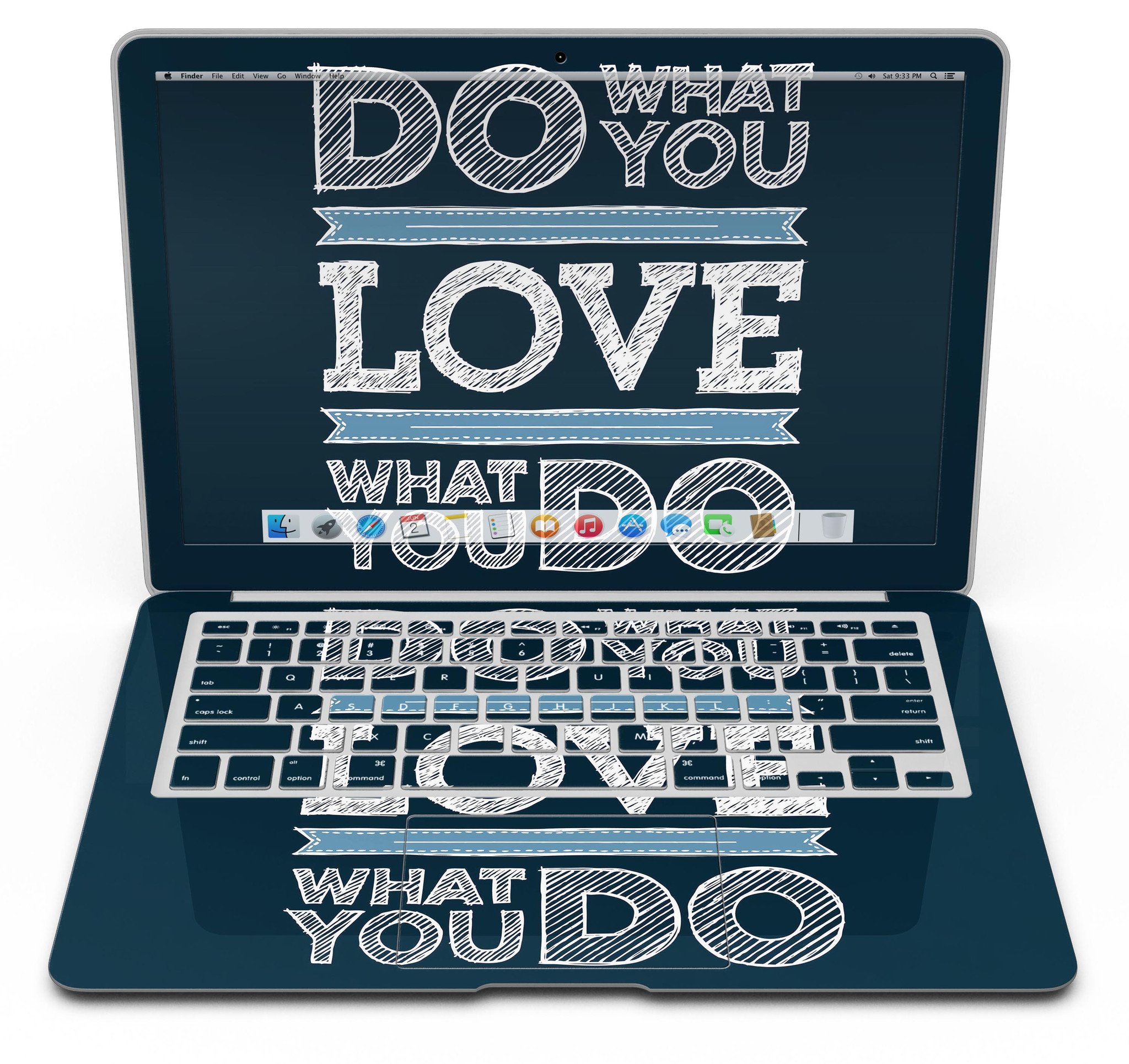 Stylish MacBook Air with 'Do What You Love What You Do' skin, showcasing a vibrant design and sleek finish.
