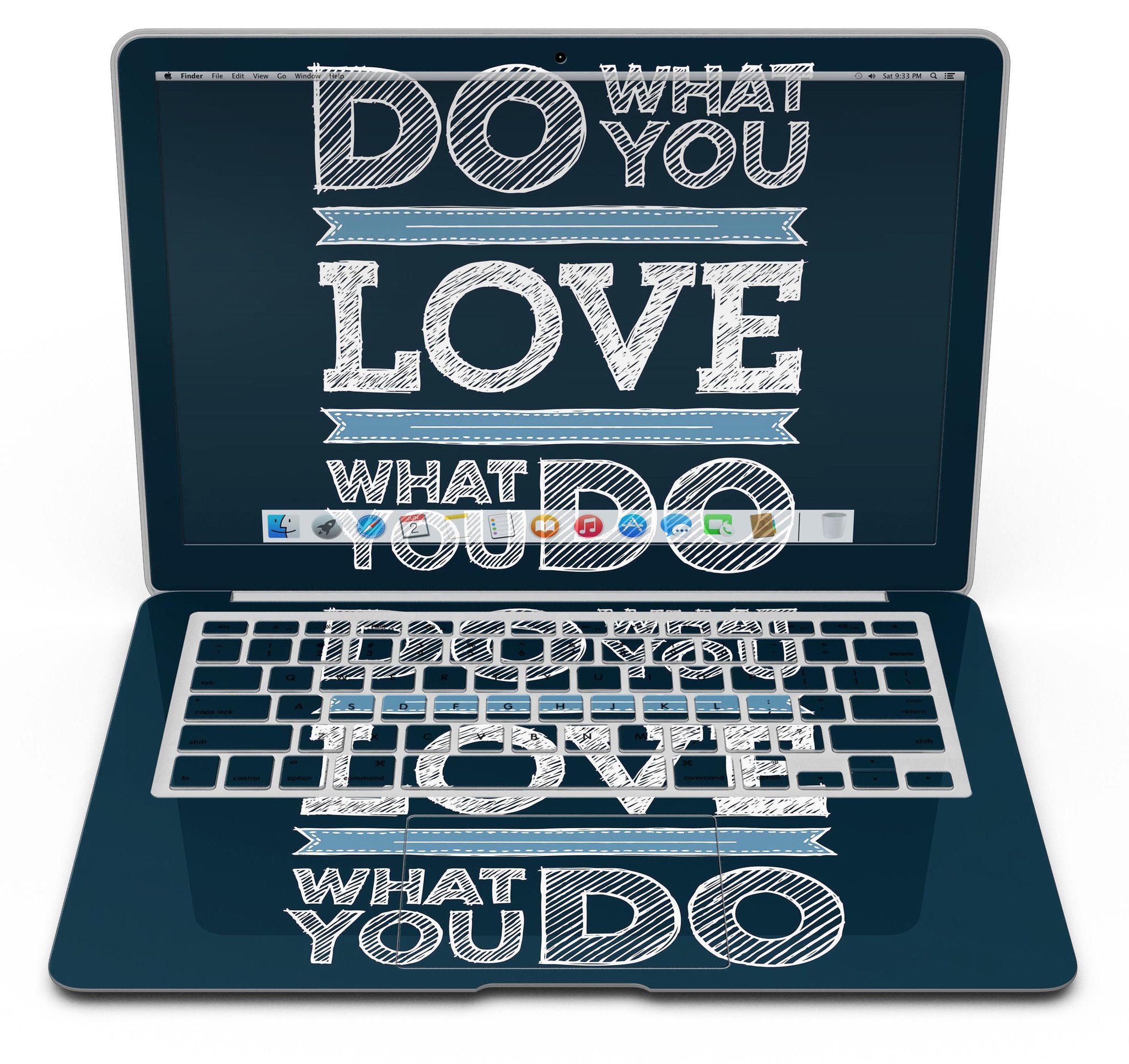 Stylish MacBook Air with 'Do What You Love What You Do' skin, showcasing a vibrant design and sleek finish.